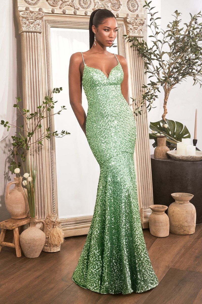 Stunning Fitted V-Neck Thin Straps Sequin Mermaid Gown #CH066