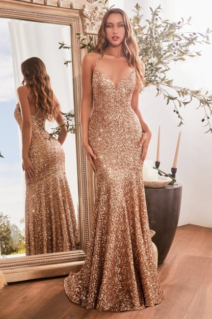 Stunning Fitted V-Neck Thin Straps Sequin Mermaid Gown #CH066
