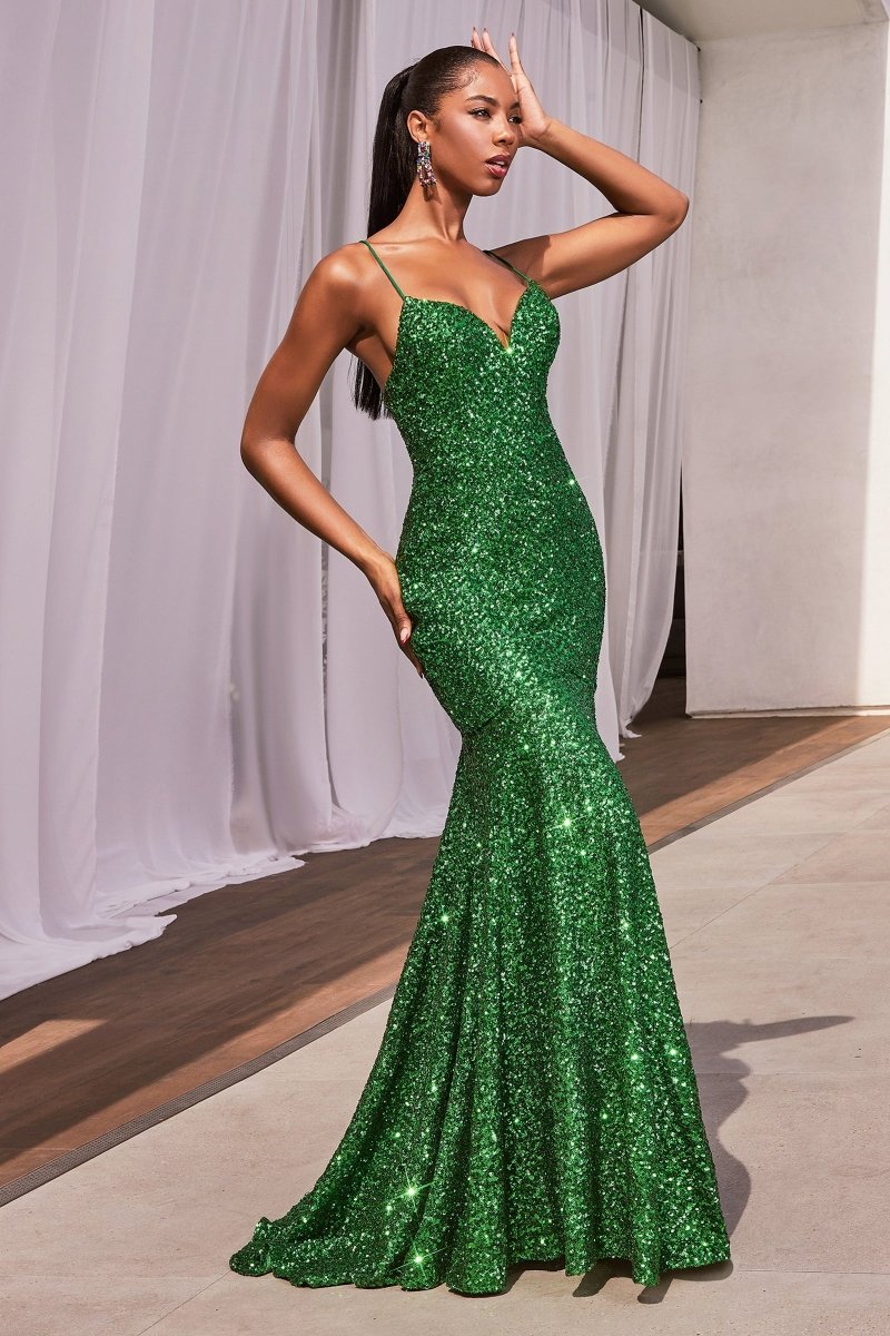 Stunning Fitted V-Neck Thin Straps Sequin Mermaid Gown #CH066