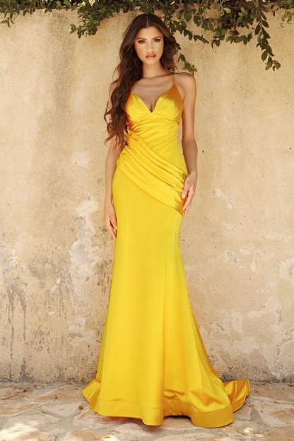 Fitted Deep Sweetheart Neck Ruched Stretch Satin Gown #CH236