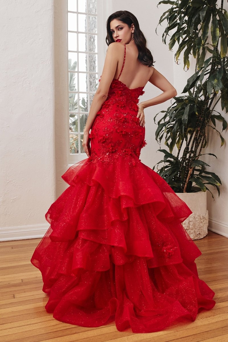 Gorgeous Red Mermaid Tiered Appliques Floral Gown #CM329