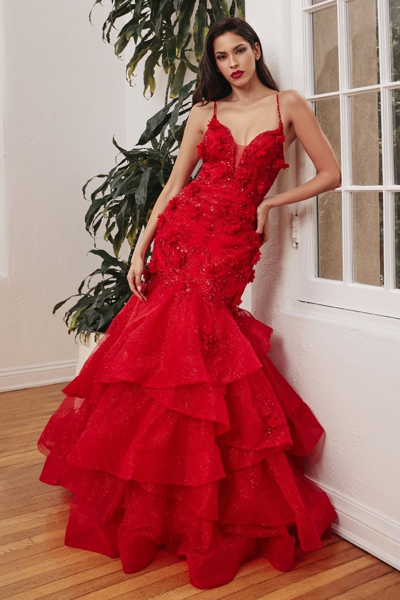 Gorgeous Red Mermaid Tiered Appliques Floral Gown #CM329