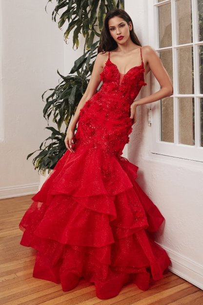 Gorgeous Red Mermaid Tiered Appliques Floral Gown #CM329