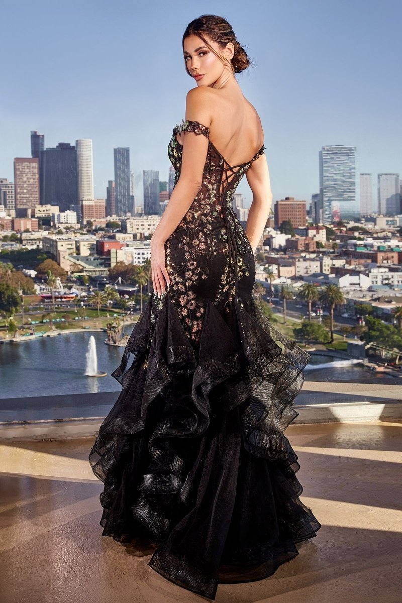 Unique Fitted Iridescent Sequin Floral Black Mermaid Gown #CM354
