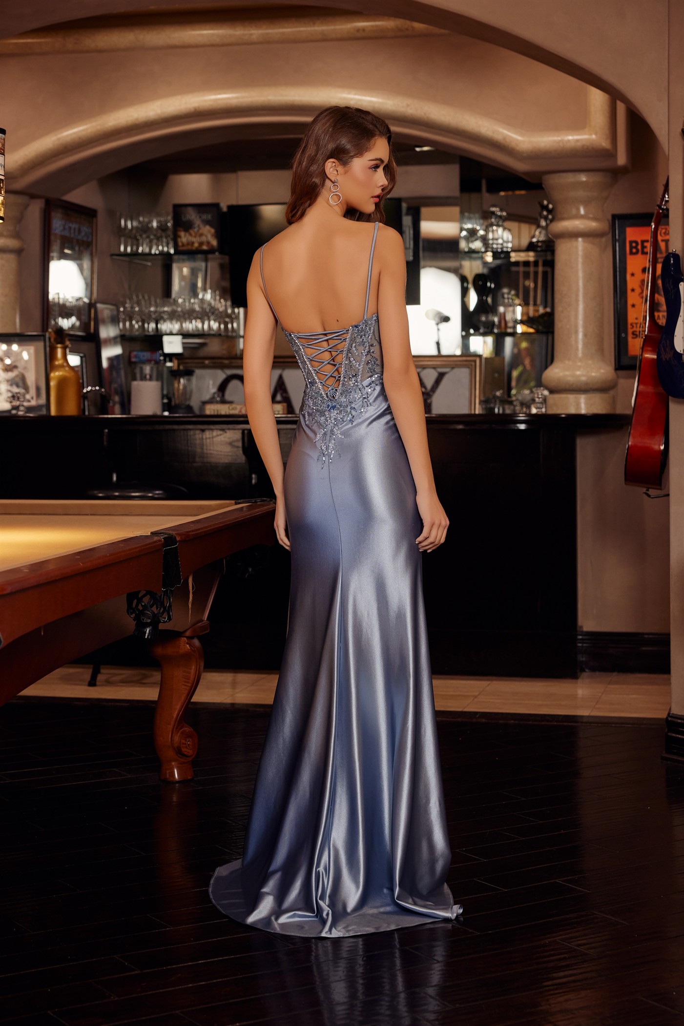 Shiny Satin Gown Featuring A Plunging V Neckline Prom Dress #D1766