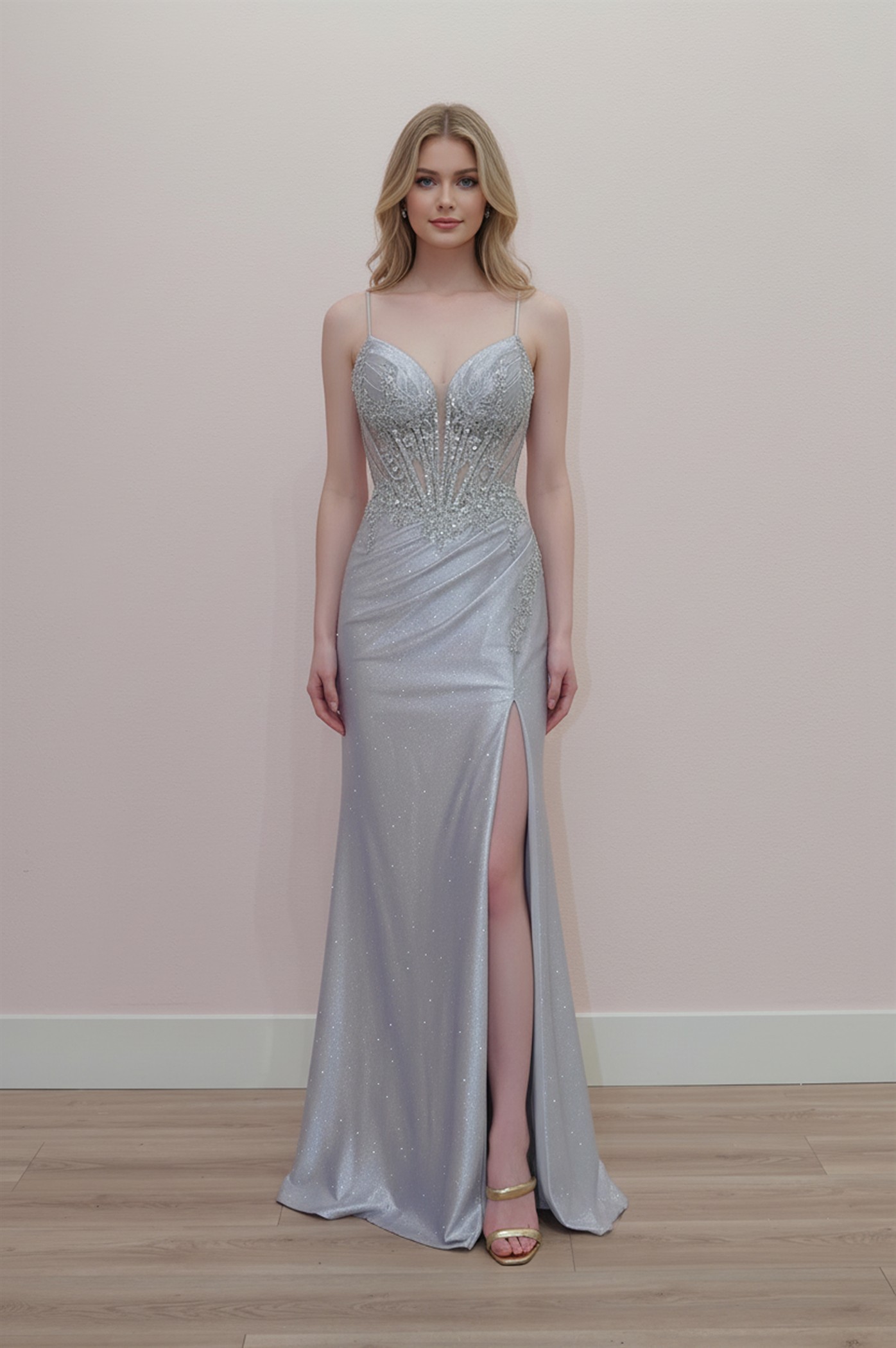 Plunging V Neckline Shiny Abeaded Sequined Applique Bodice Prom Dress #D1768