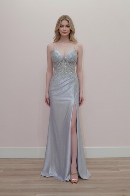 Plunging V Neckline Shiny Abeaded Sequined Applique Bodice Prom Dress #D1768