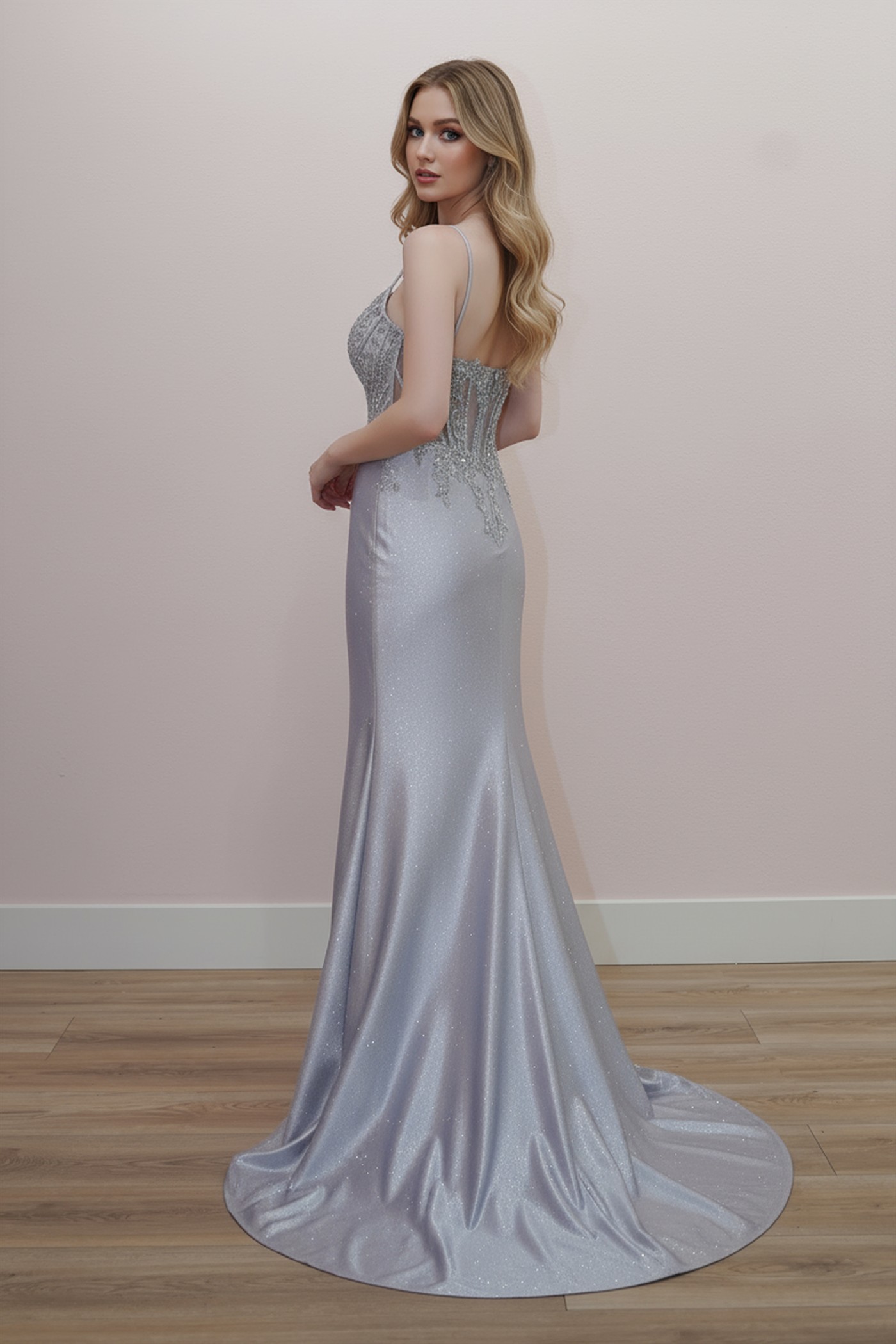 Plunging V Neckline Shiny Abeaded Sequined Applique Bodice Prom Dress #D1768