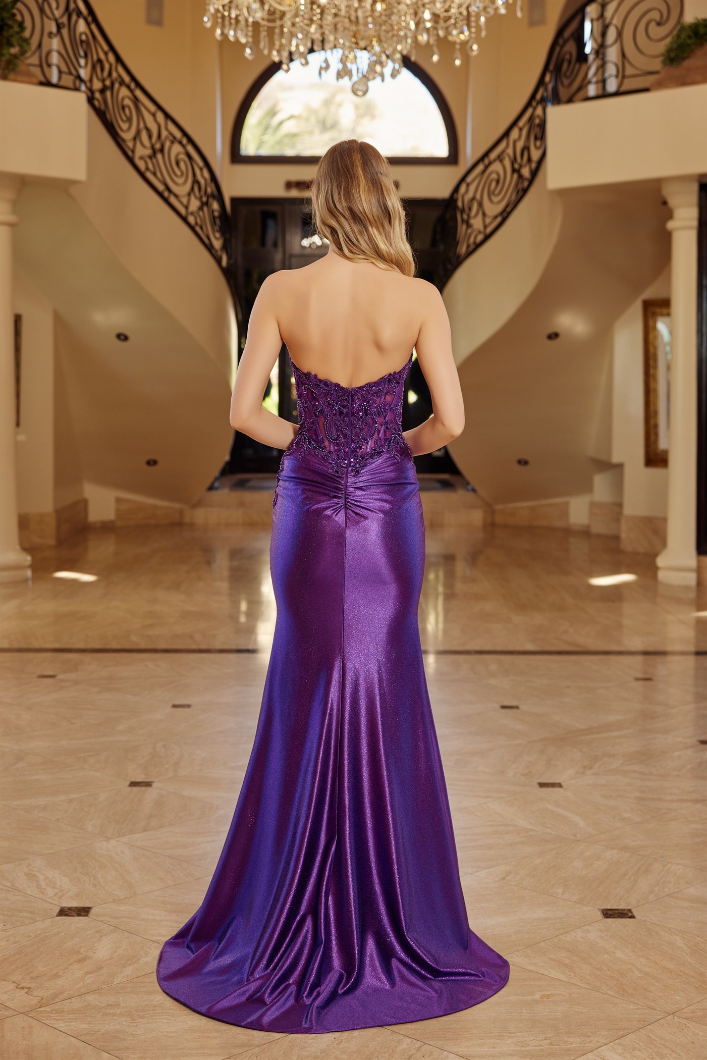 Strapless V Neckline Beading Applique Bodice Prom Dress #E1907