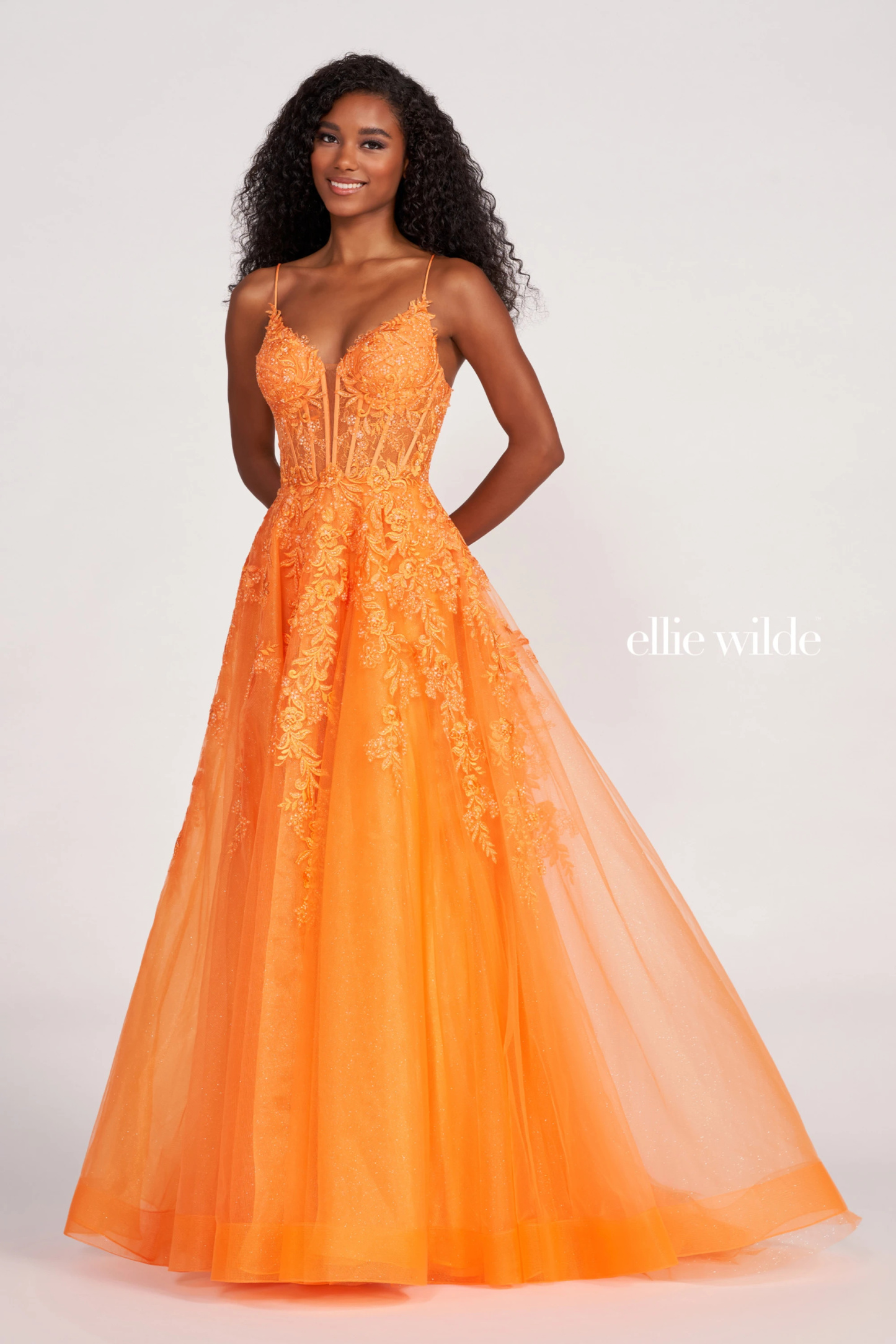 A-Line Plunging V-Neck Embroidered Lace Appliques Corset Back Prom Dress #EW34036