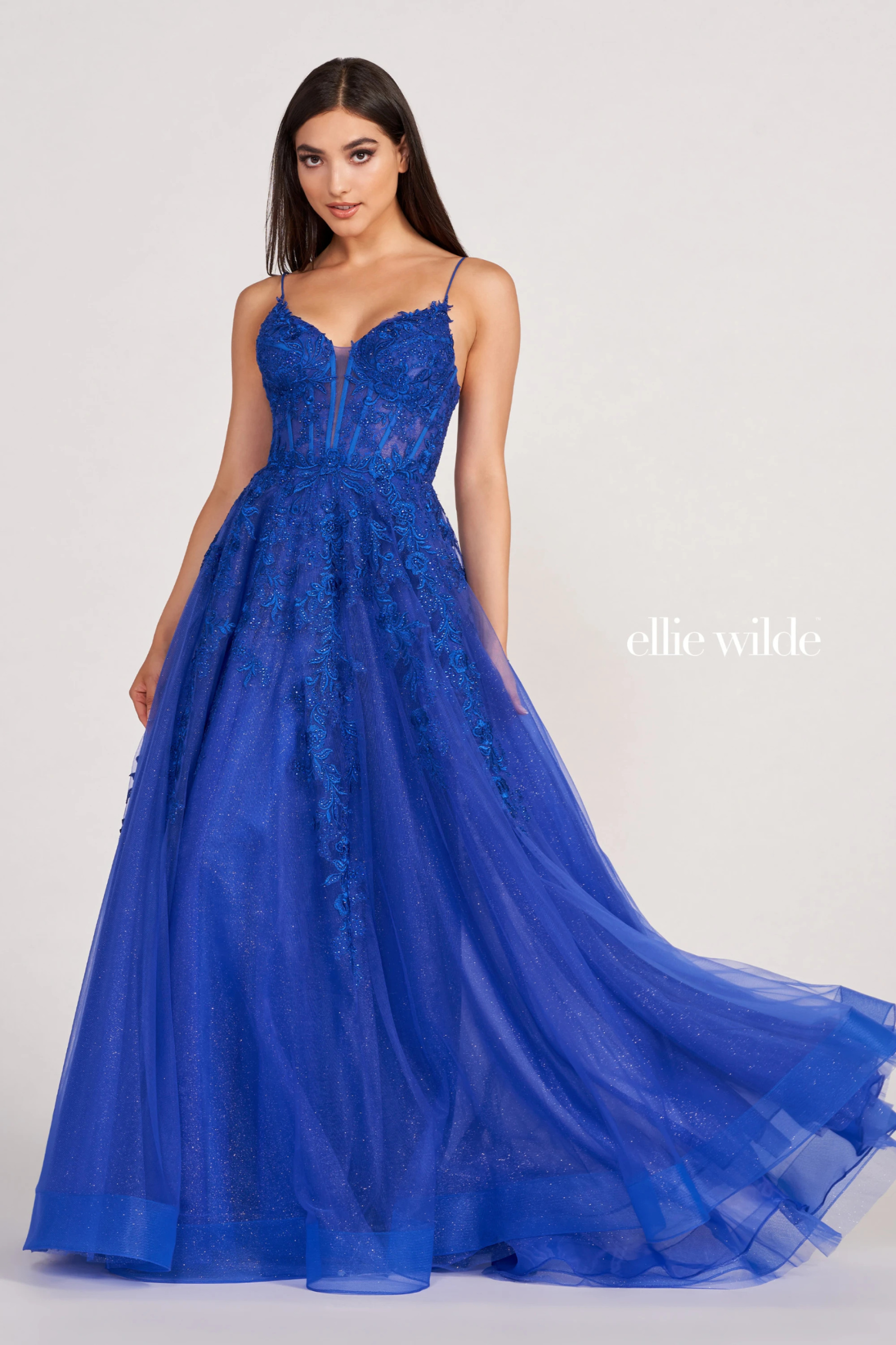 A-Line Plunging V-Neck Embroidered Lace Appliques Corset Back Prom Dress #EW34036