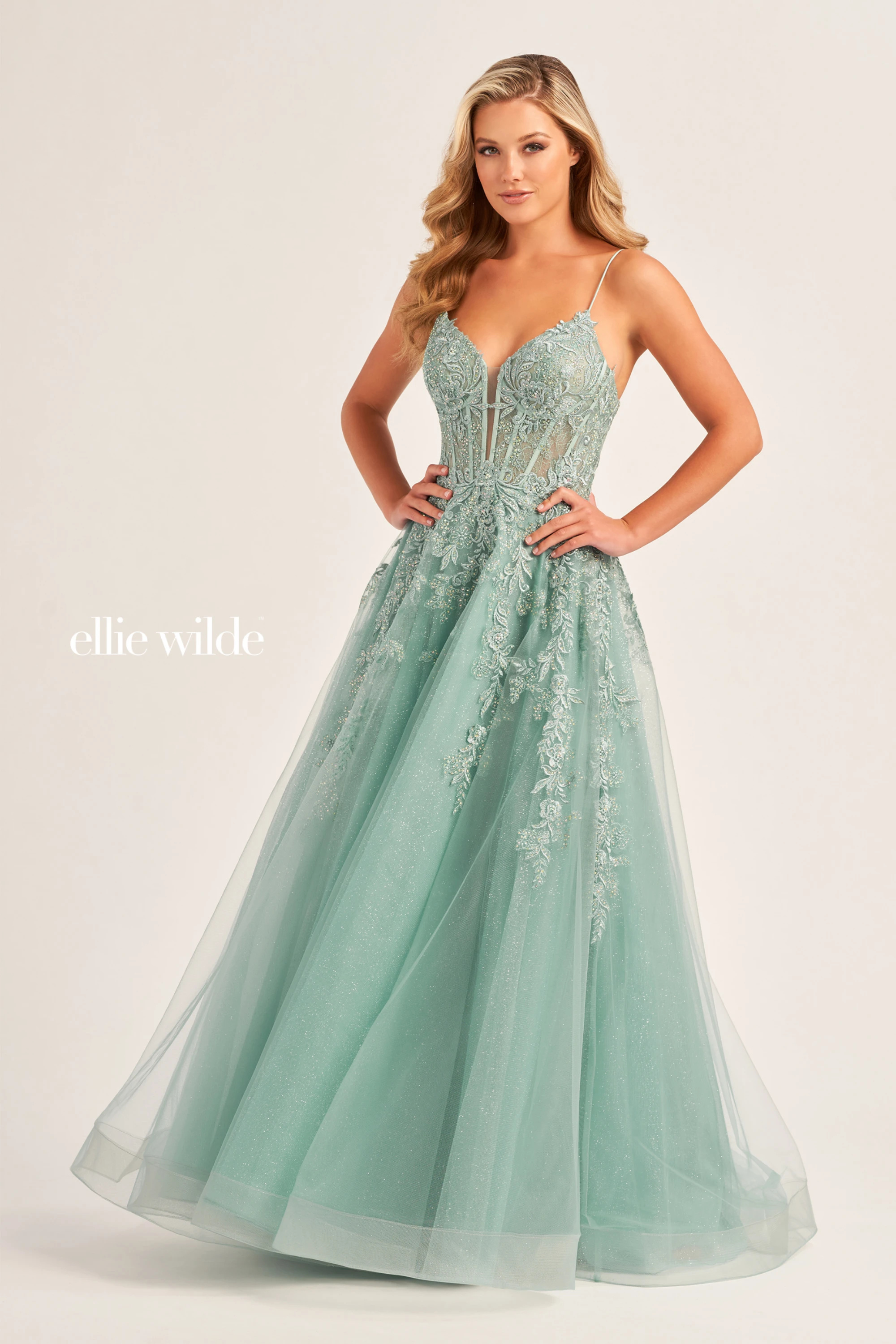 A-Line Plunging V-Neck Embroidered Lace Appliques Corset Back Prom Dress #EW34036