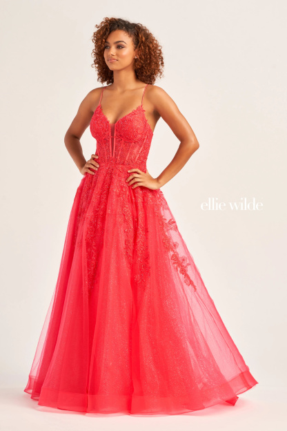 A-Line Plunging V-Neck Embroidered Lace Appliques Corset Back Prom Dress #EW34036