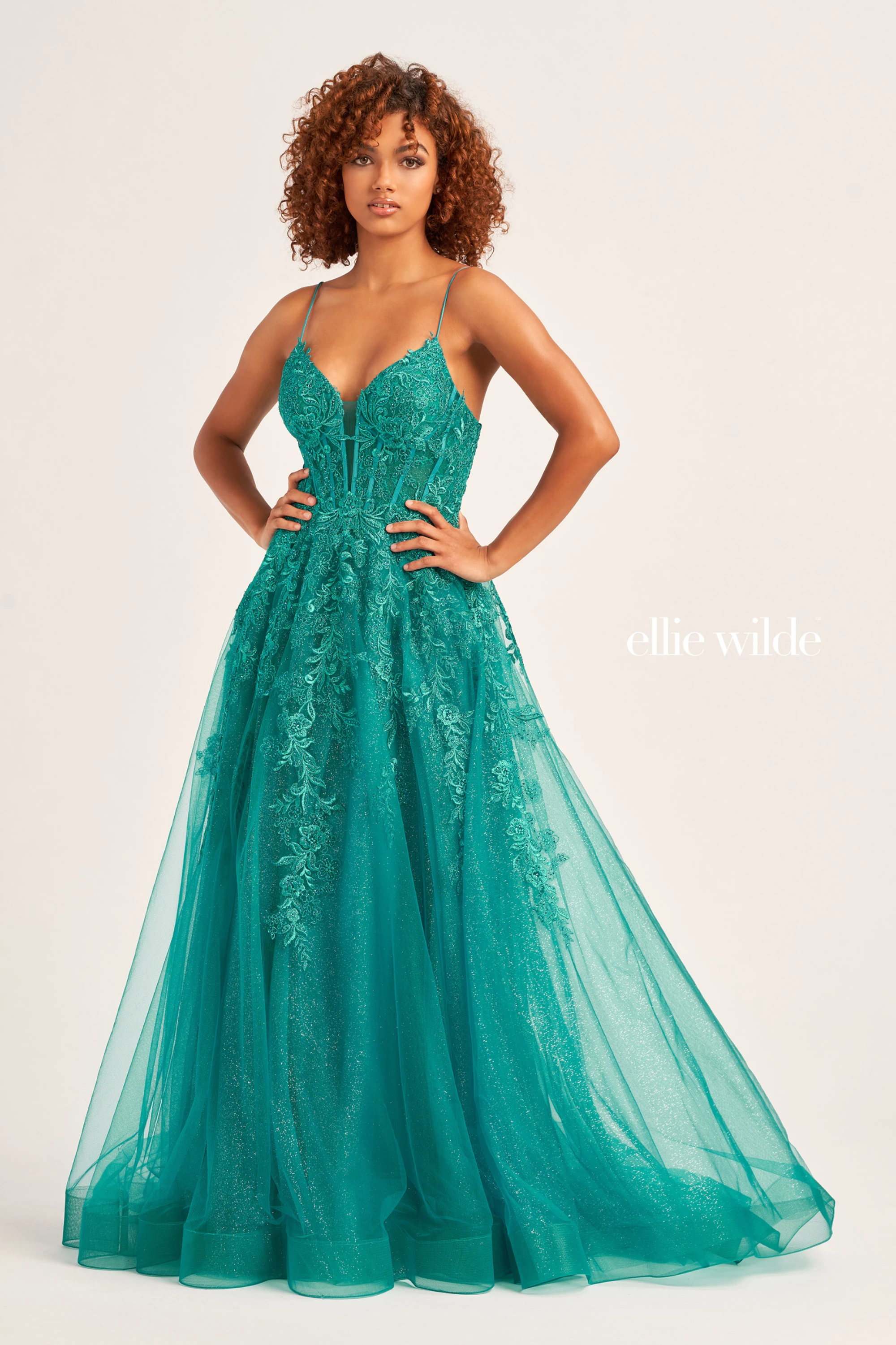 A-Line Plunging V-Neck Embroidered Lace Appliques Corset Back Prom Dress #EW34036