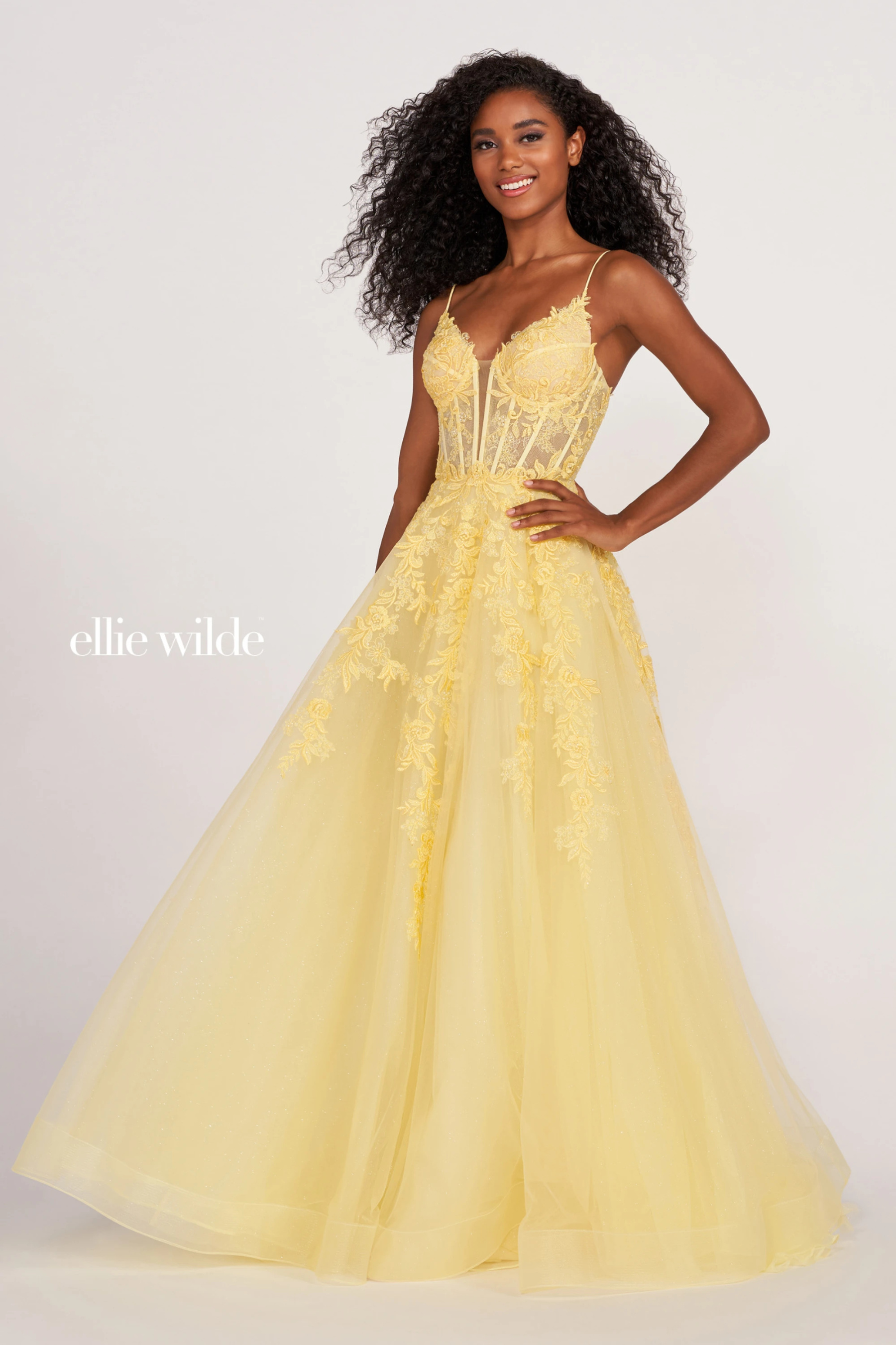 A-Line Plunging V-Neck Embroidered Lace Appliques Corset Back Prom Dress #EW34036