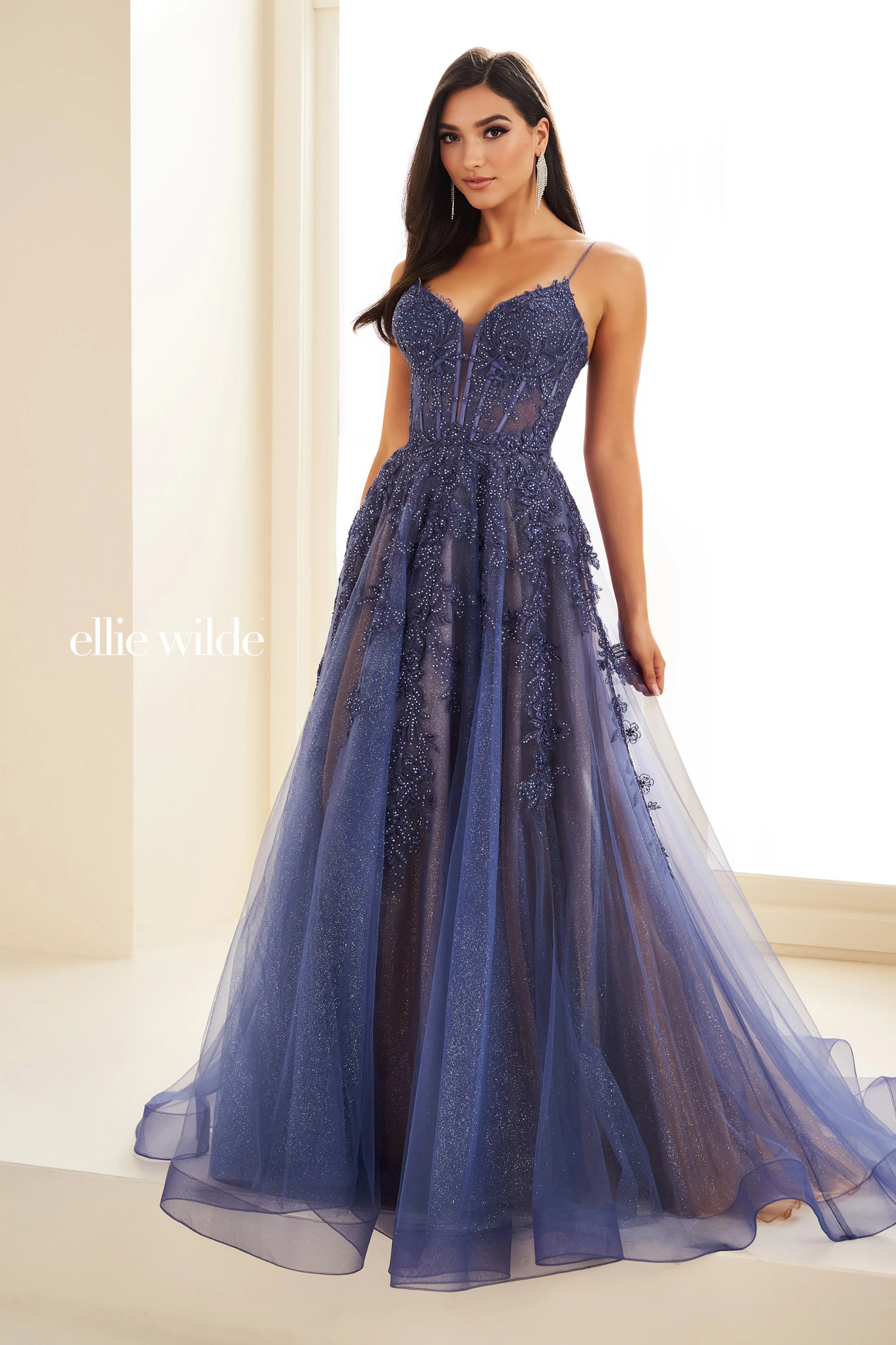 A-Line Plunging V-Neck Embroidered Lace Appliques Corset Back Prom Dress #EW34036