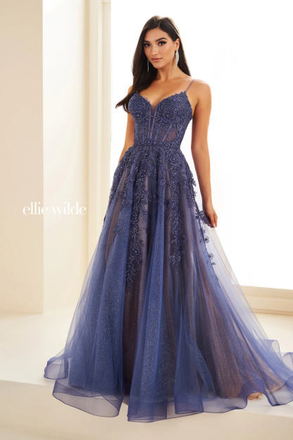 A-Line Plunging V-Neck Embroidered Lace Appliques Corset Back Prom Dress #EW34036