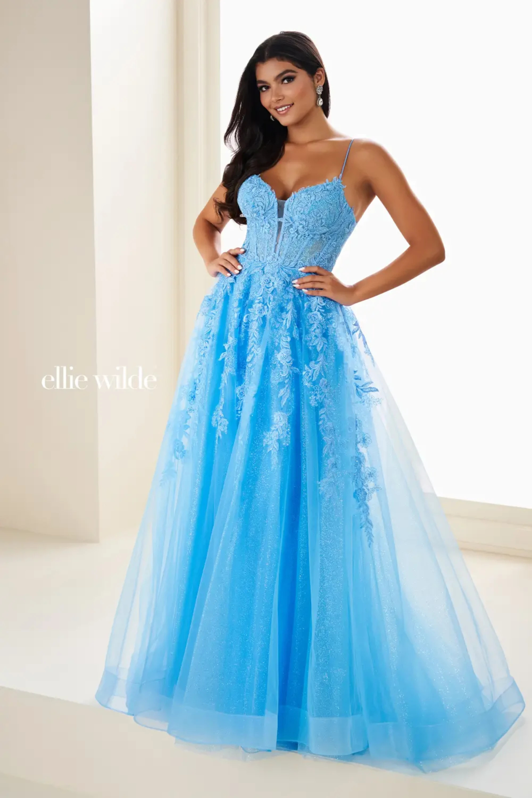 A-Line Plunging V-Neck Embroidered Lace Appliques Corset Back Prom Dress #EW34036