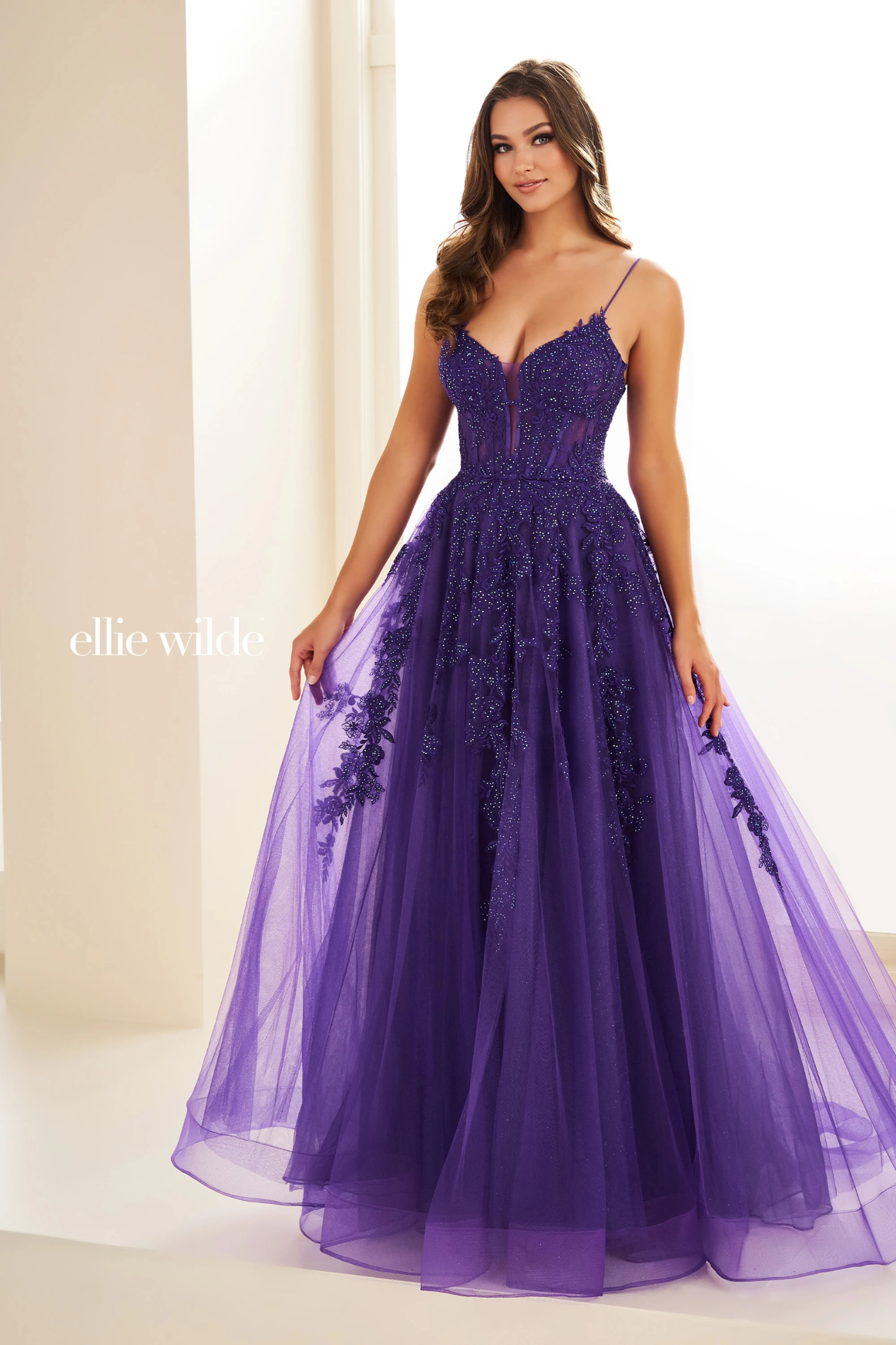 A-Line Plunging V-Neck Embroidered Lace Appliques Corset Back Prom Dress #EW34036