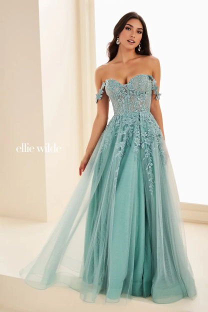 A-Line Sweetheart  Glitter Tulle And Floral Lace Appliques Prom Dress #EW35101