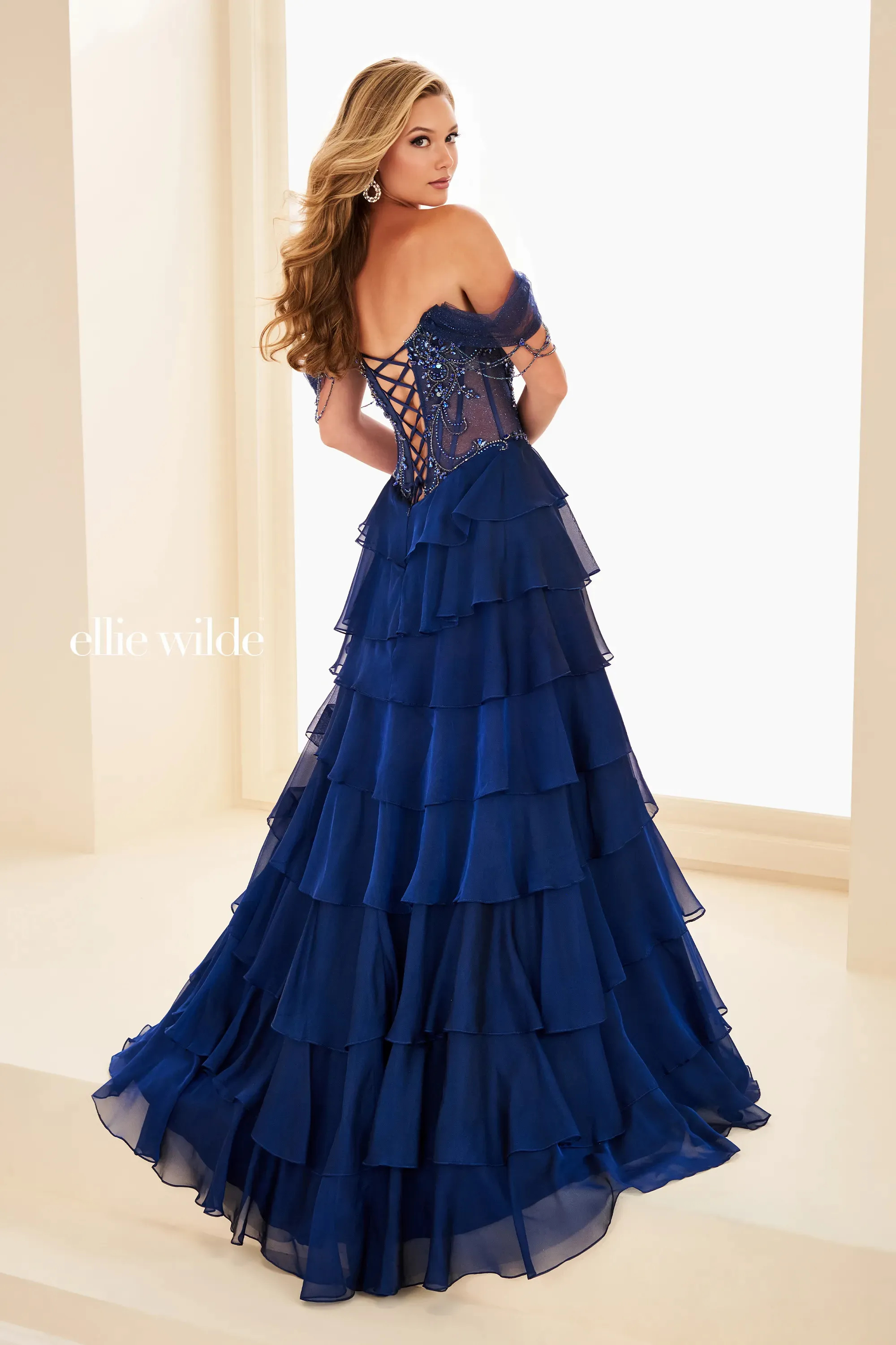 A-Line Sweetheart Off-the-Shoulder Tiered Ruffles Beaded Prom Dress #EW37018