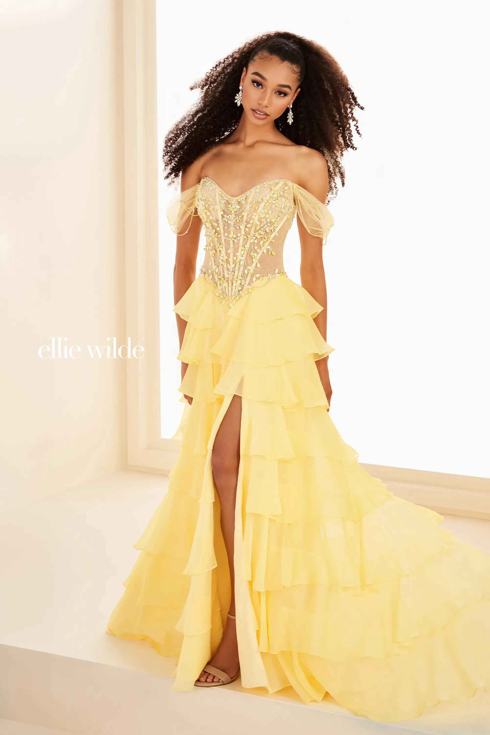 A-Line Sweetheart Off-the-Shoulder Tiered Ruffles Beaded Prom Dress #EW37018