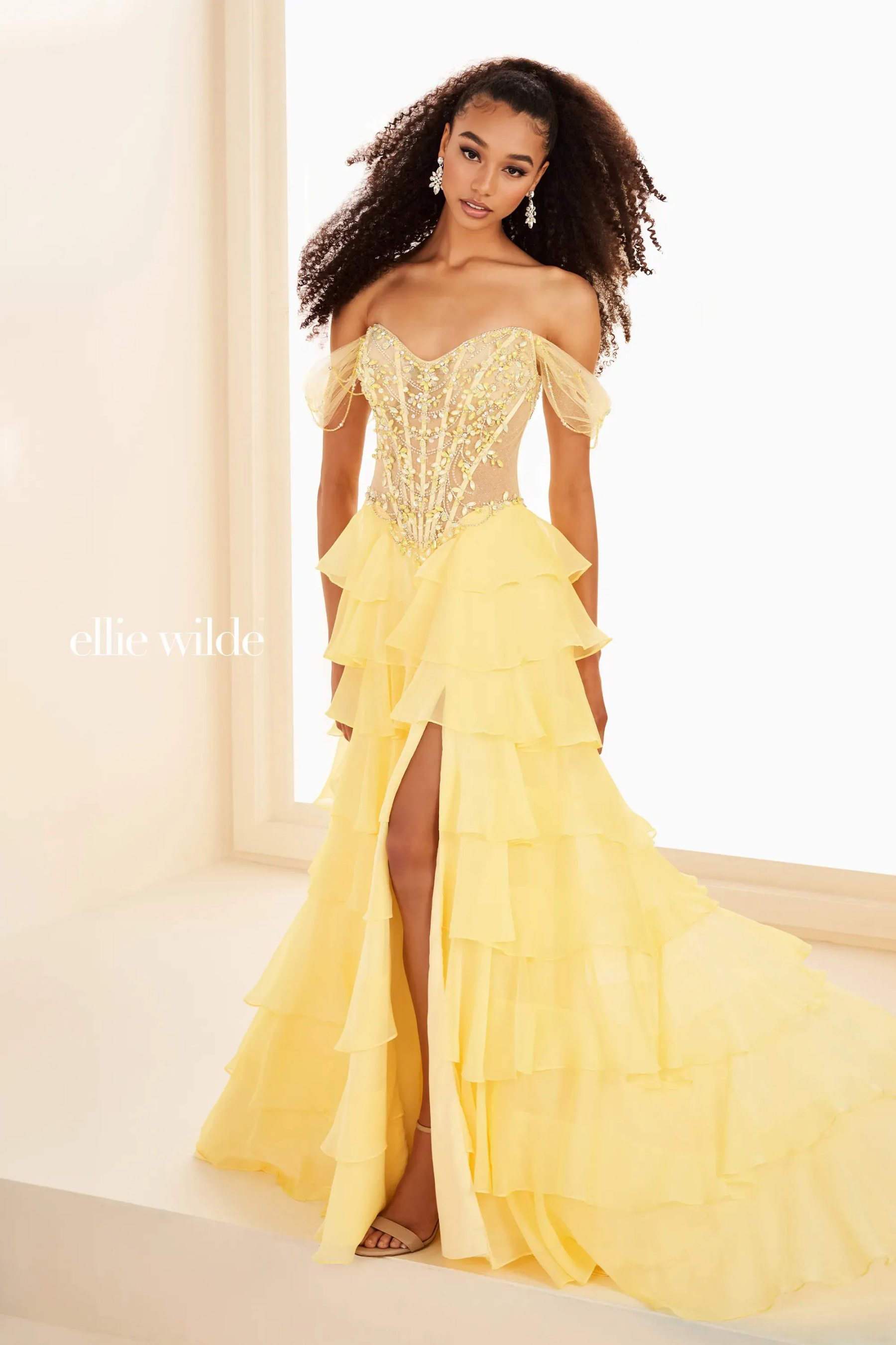 A-Line Sweetheart Off-the-Shoulder Tiered Ruffles Beaded Prom Dress #EW37018