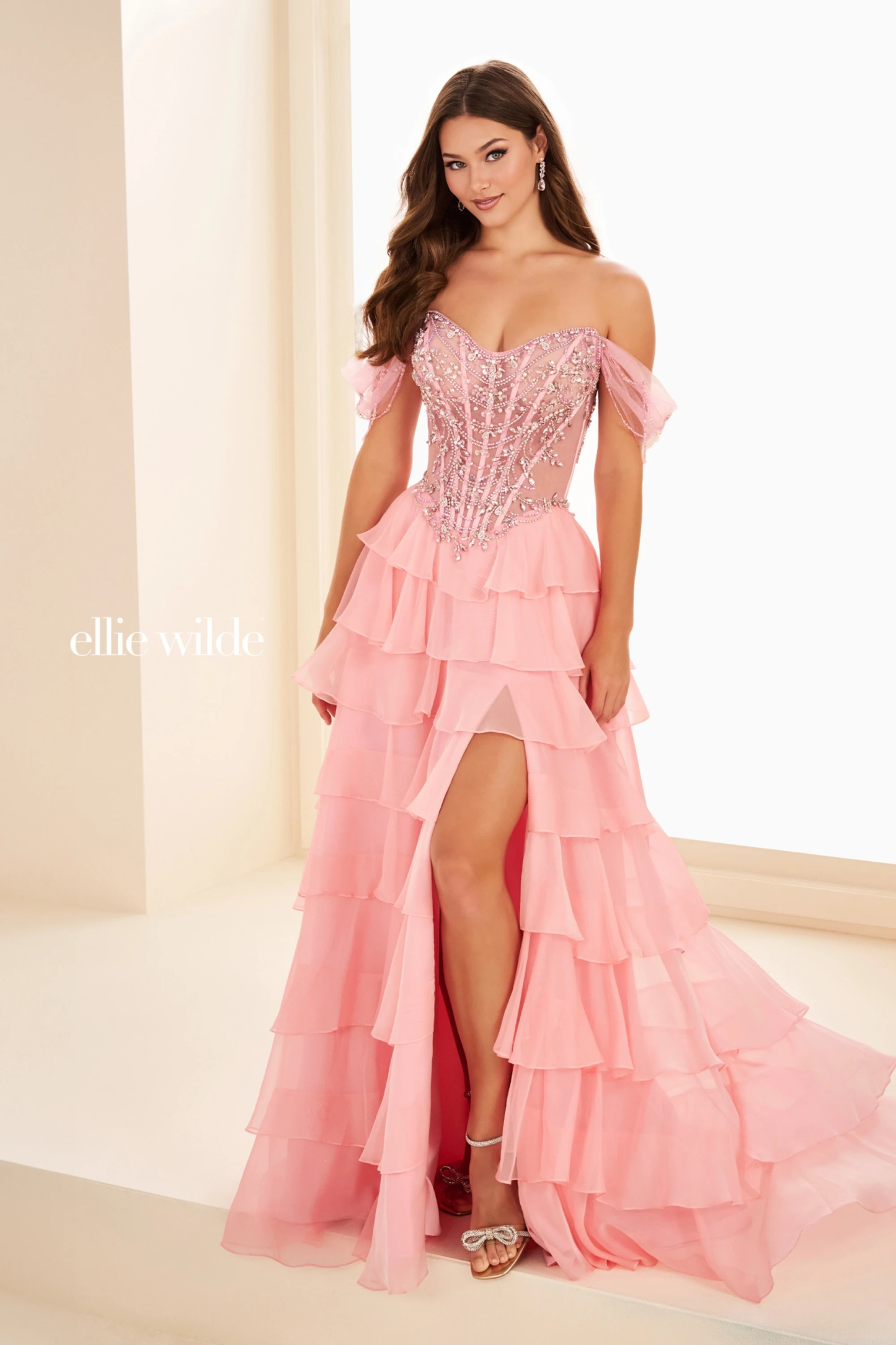 A-Line Sweetheart Off-the-Shoulder Tiered Ruffles Beaded Prom Dress #EW37018
