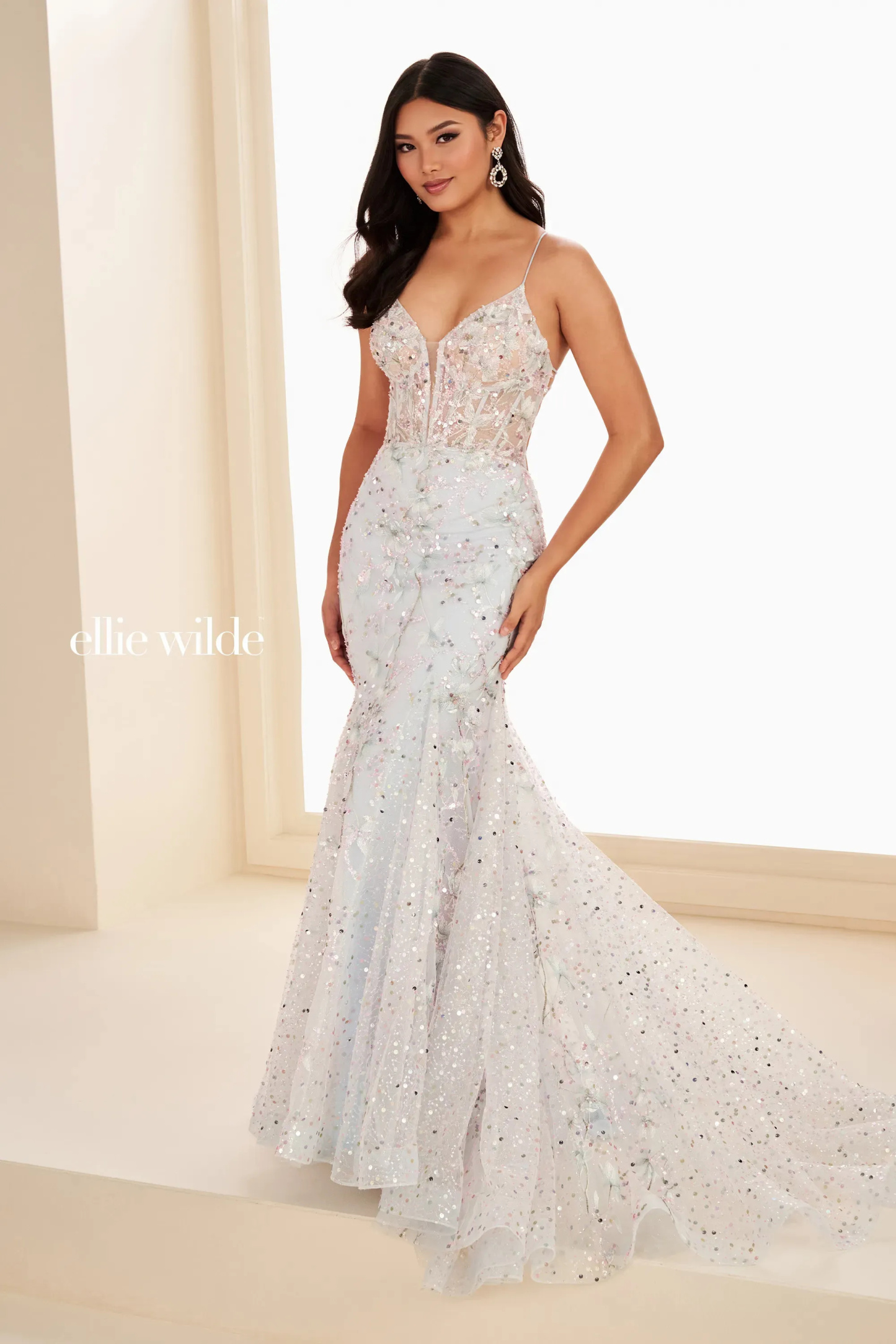 Mermaid V-Neckl Glitter Tulle Corset Bodice Lace-Up Low Back Prom Dress #EW37021