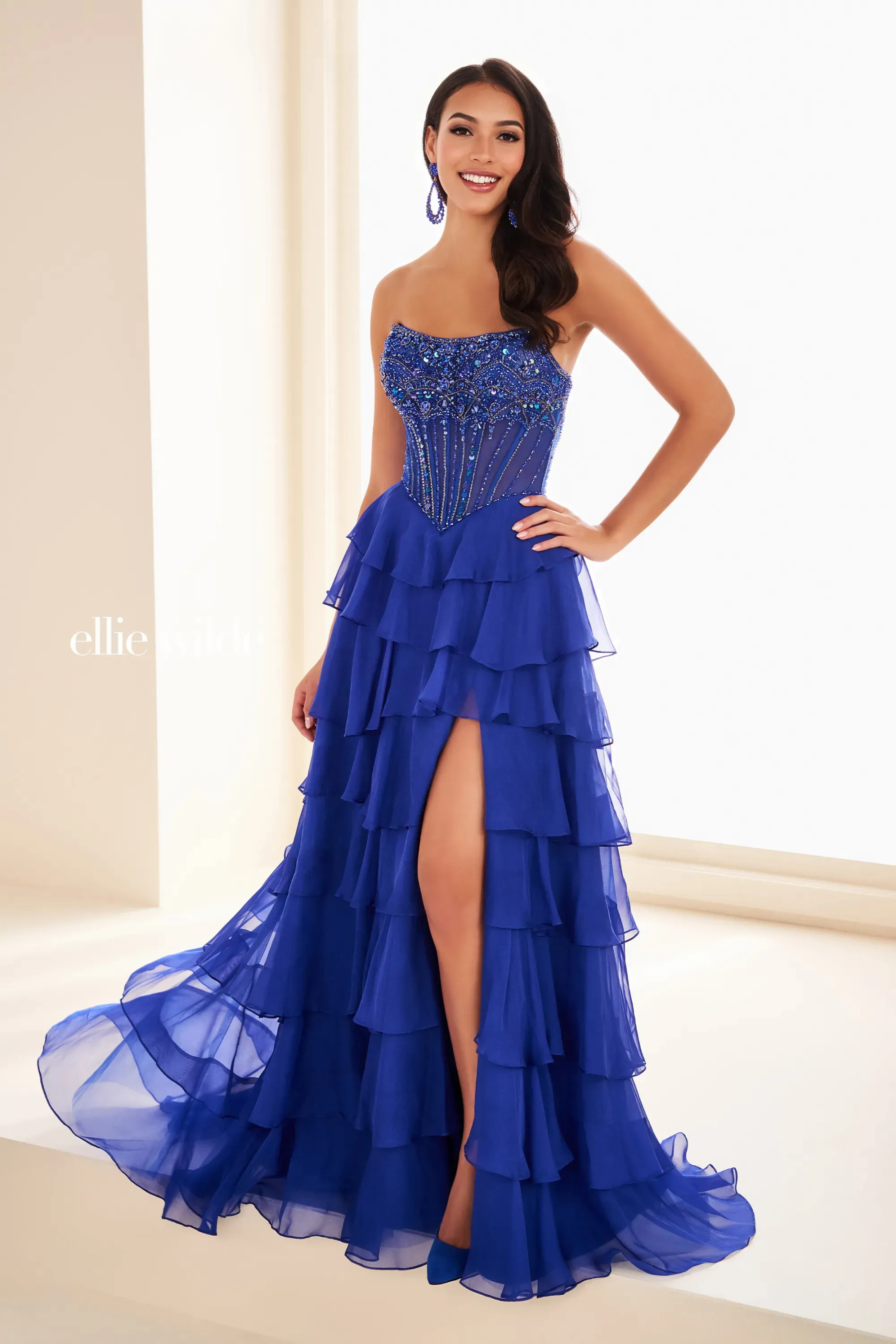 A-Line Curved Strapless Corset Bodice Lace-Up Back Slit Prom Dress #EW37057