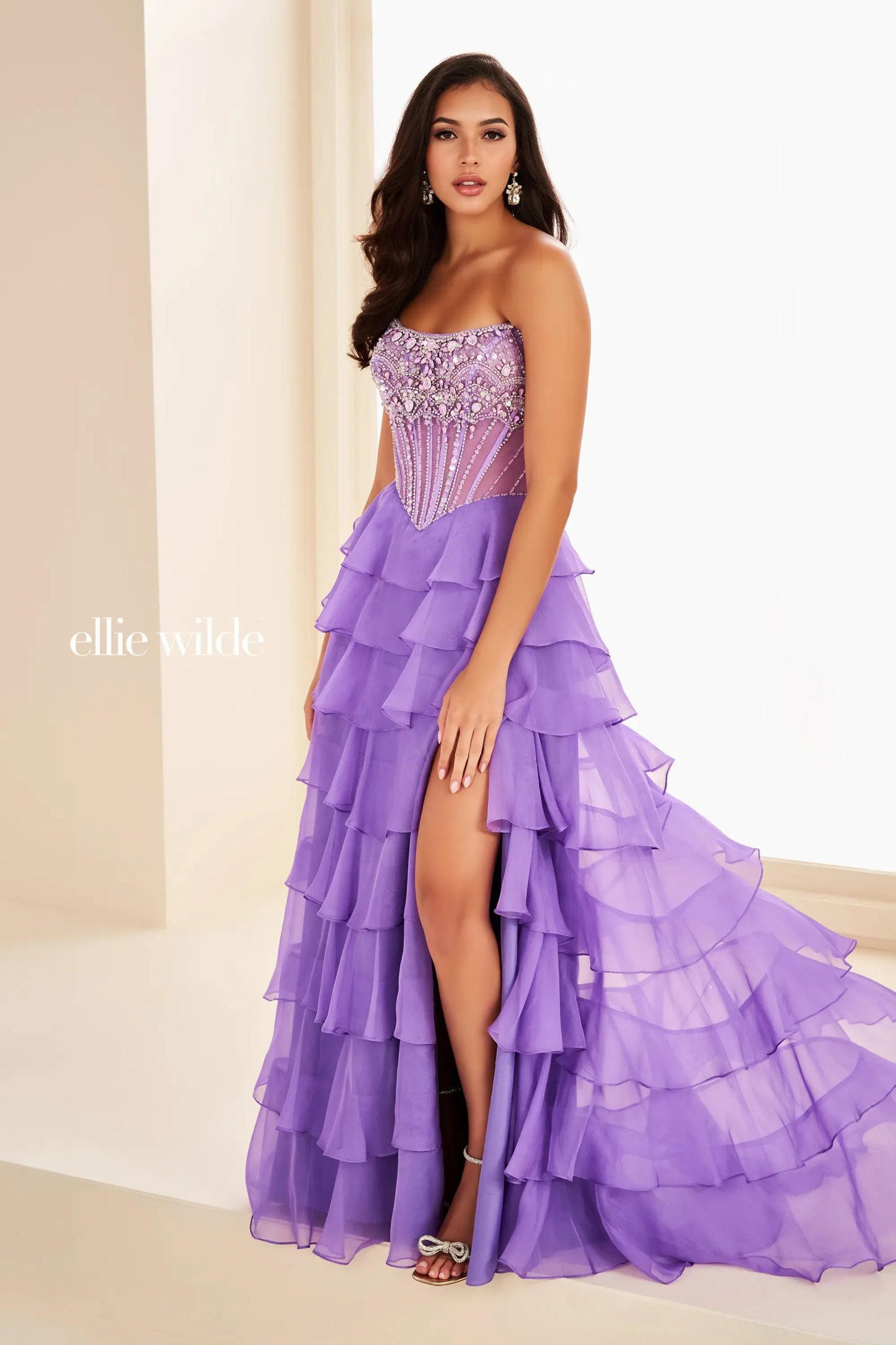 A-Line Curved Strapless Corset Bodice Lace-Up Back Slit Prom Dress #EW37057