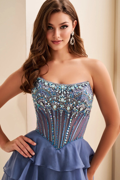 A-Line Curved Strapless Corset Bodice Lace-Up Back Slit Prom Dress #EW37057