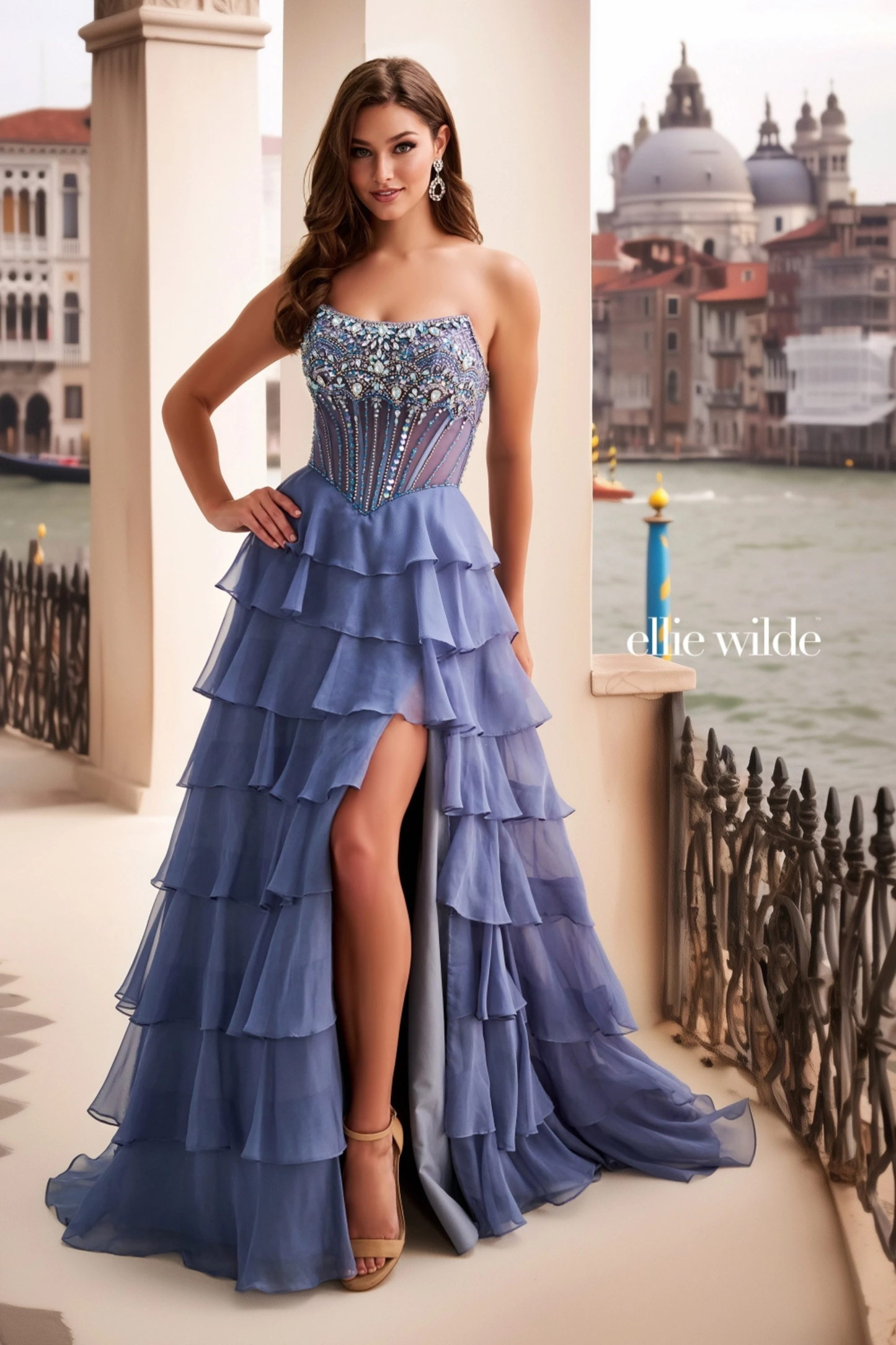 A-Line Curved Strapless Corset Bodice Lace-Up Back Slit Prom Dress #EW37057