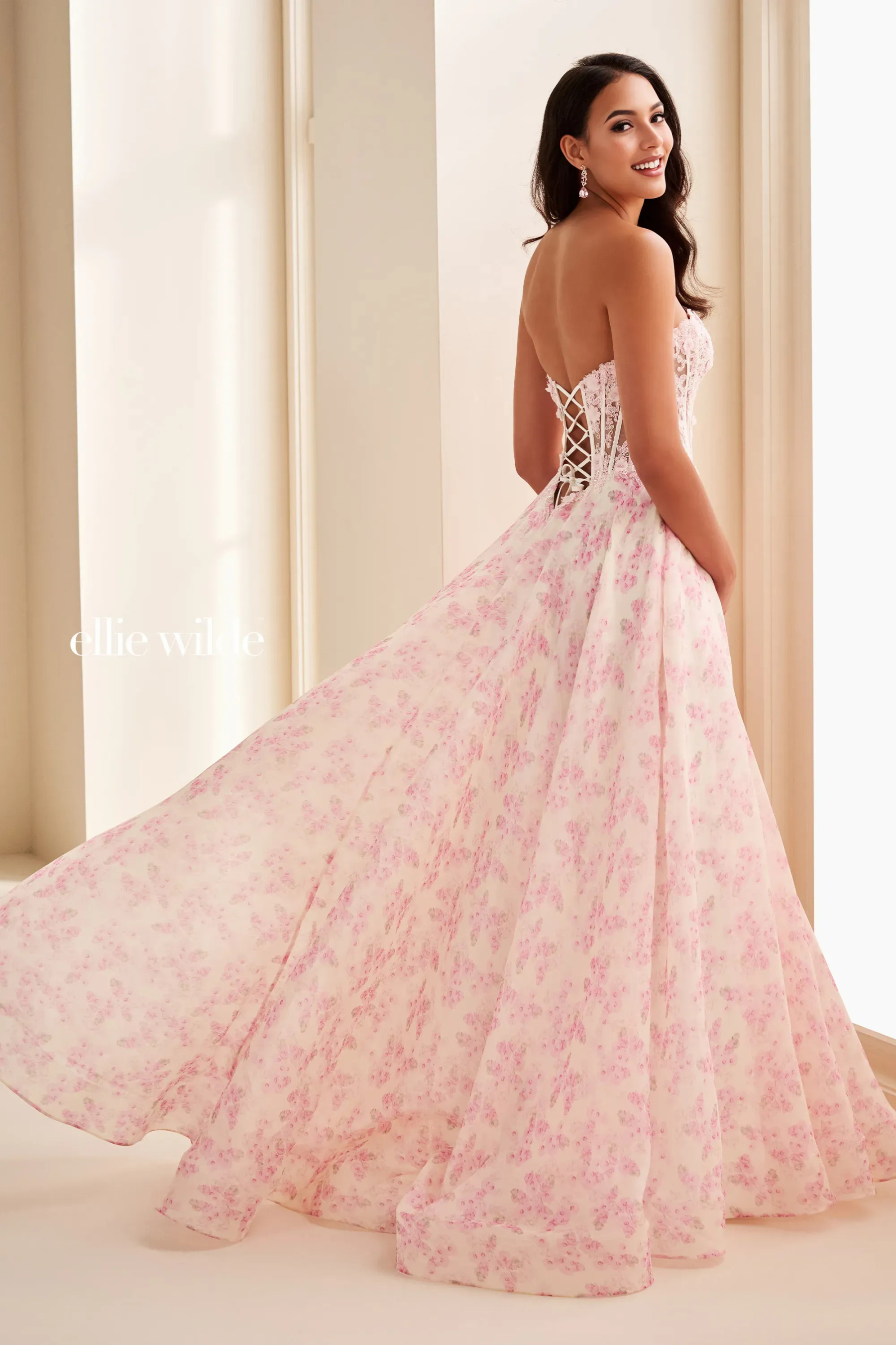 A-line Sweetheart Strapless Chiffon Floral Lace-Up Back Prom Dress #EW37091