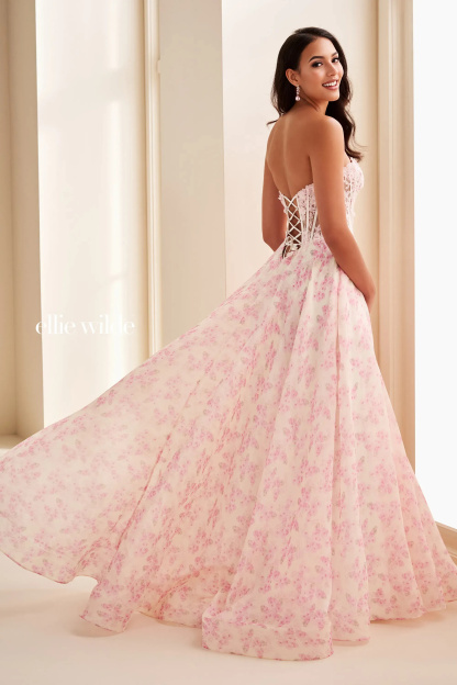 A-line Sweetheart Strapless Chiffon Floral Lace-Up Back Prom Dress #EW37091