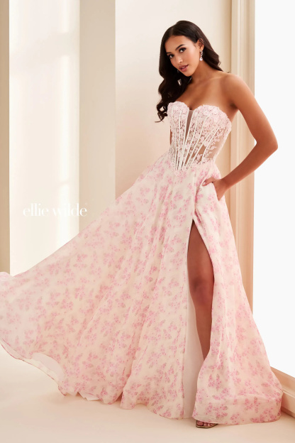 A-line Sweetheart Strapless Chiffon Floral Lace-Up Back Prom Dress #EW37091