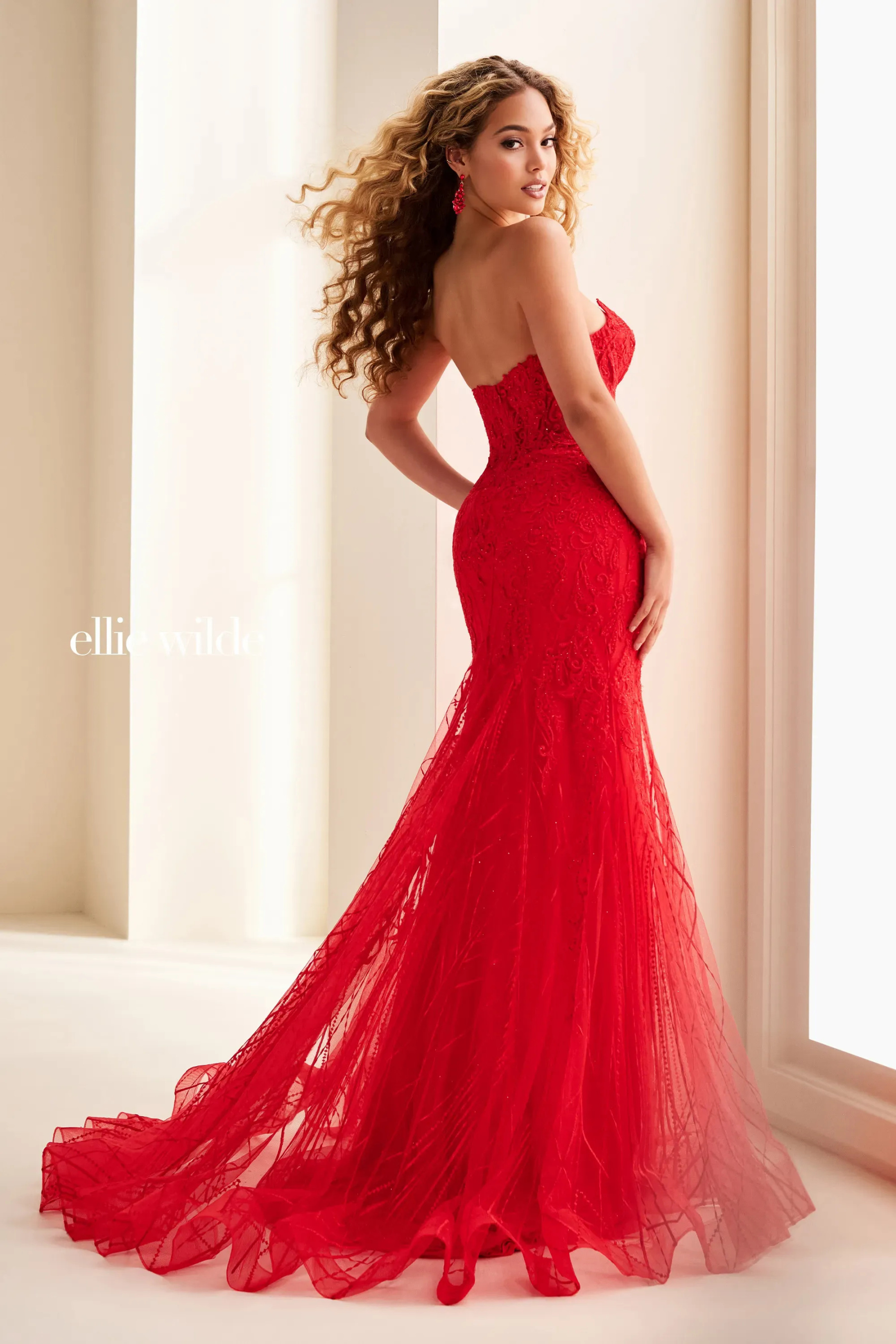 Mermaid Plunging Sweetheart Neckline Embroidered Lace Prom Dress #EW37114