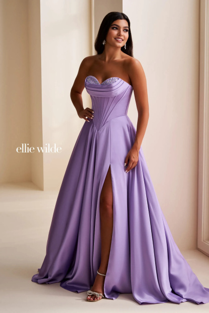 A-Line Sweetheart Satin Corset Bodice Lace-Up Back Slit Prom Dress #EW37213