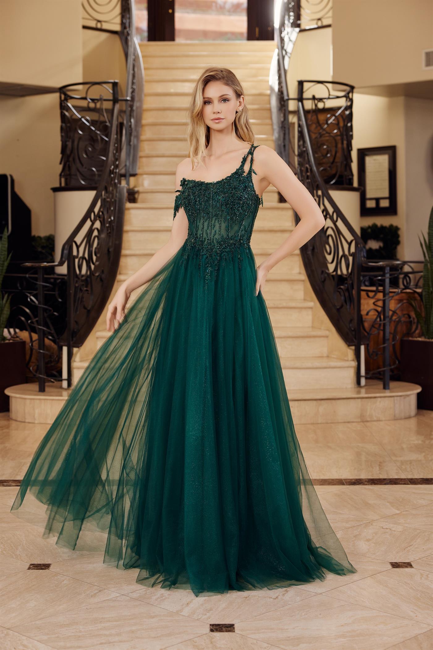 A-Line Boned Sheer Waistline Material Flower Design Beaded Prom Dress #F1567
