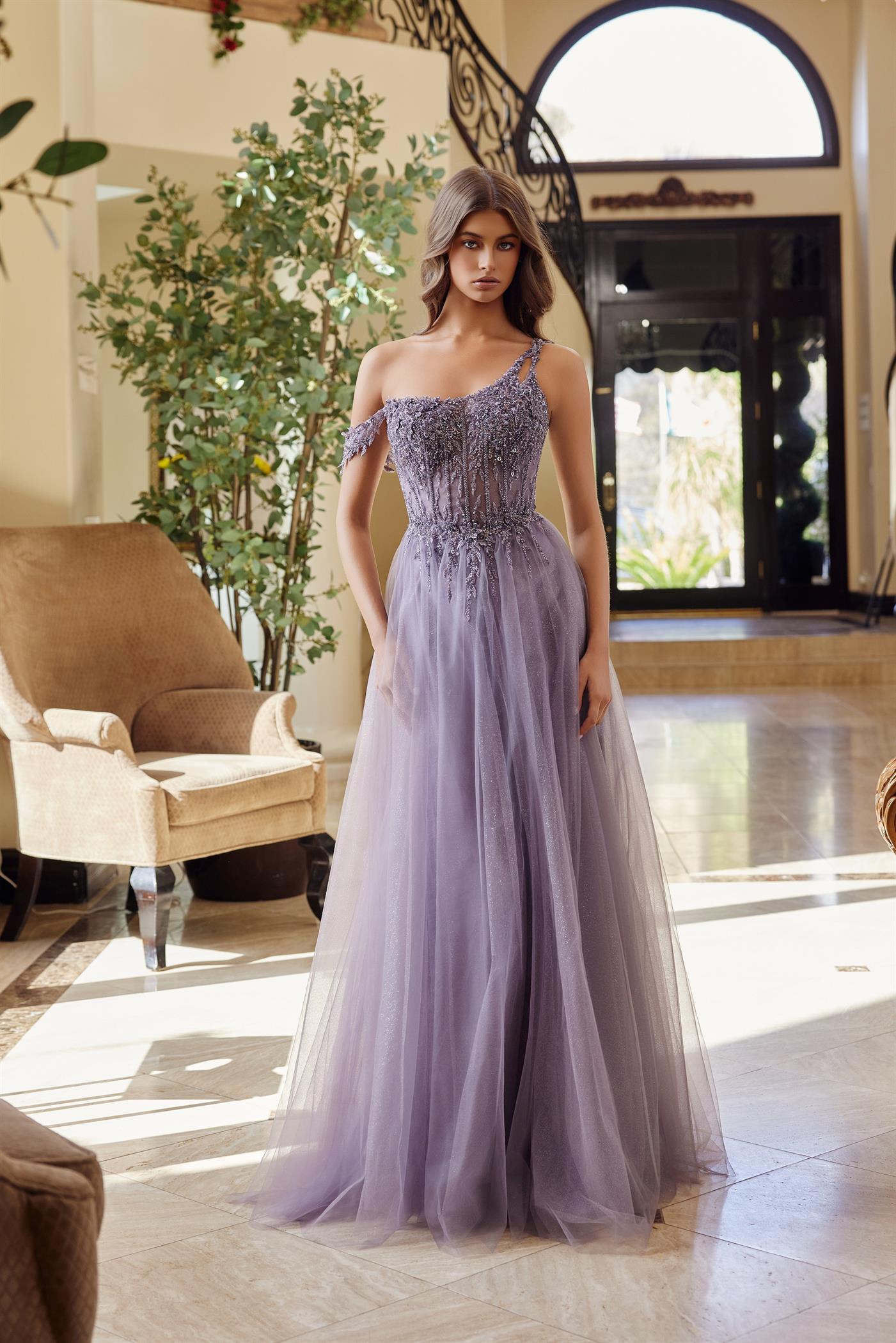 A-Line Boned Sheer Waistline Material Flower Design Beaded Prom Dress #F1567
