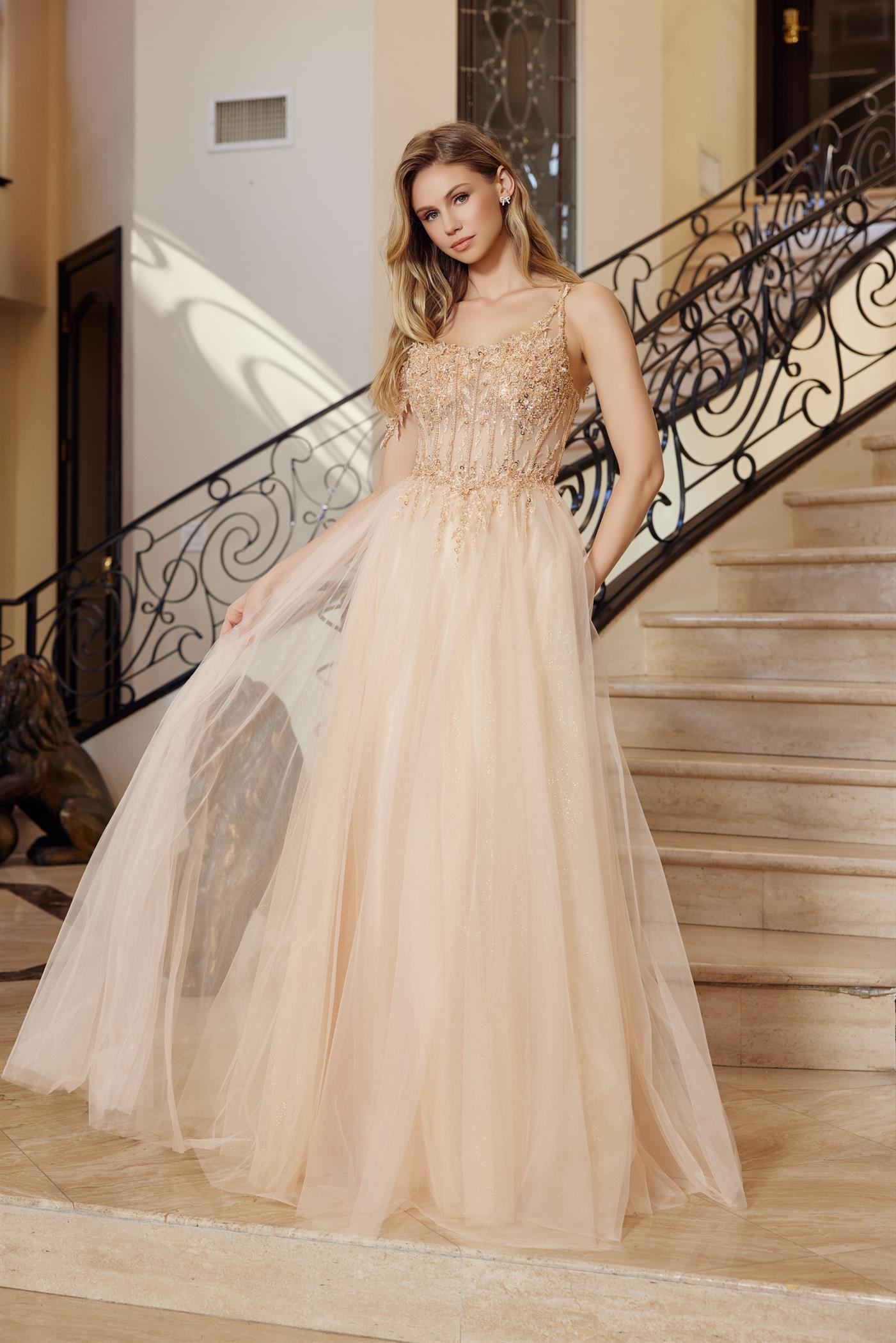 A-Line Boned Sheer Waistline Material Flower Design Beaded Prom Dress #F1567