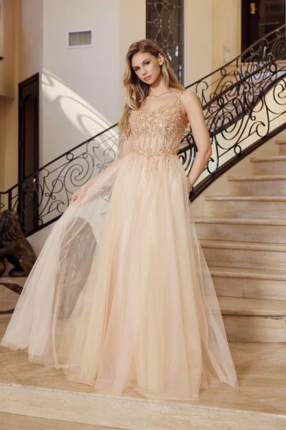 A-Line Boned Sheer Waistline Material Flower Design Beaded Prom Dress #F1567