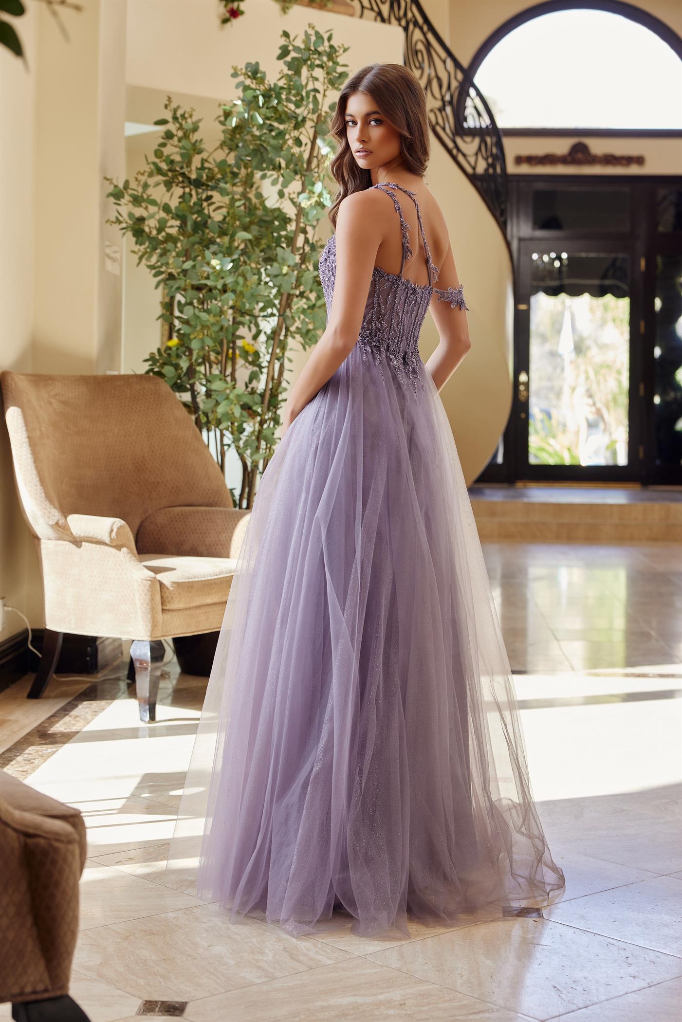 A-Line Boned Sheer Waistline Material Flower Design Beaded Prom Dress #F1567