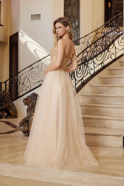 A-Line Boned Sheer Waistline Material Flower Design Beaded Prom Dress #F1567