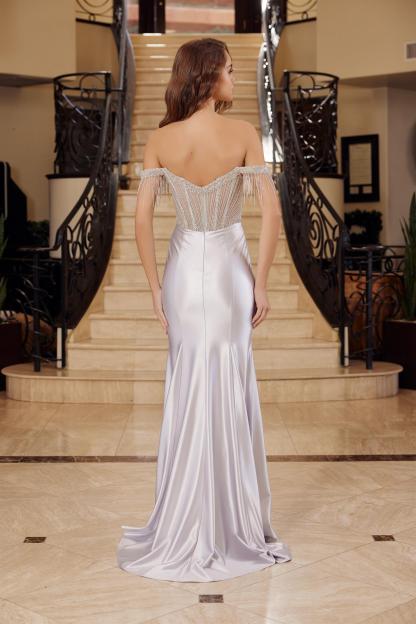 Long Satin Beaded V-Neckline Boned Sheer Waistline Prom Dress #F1568