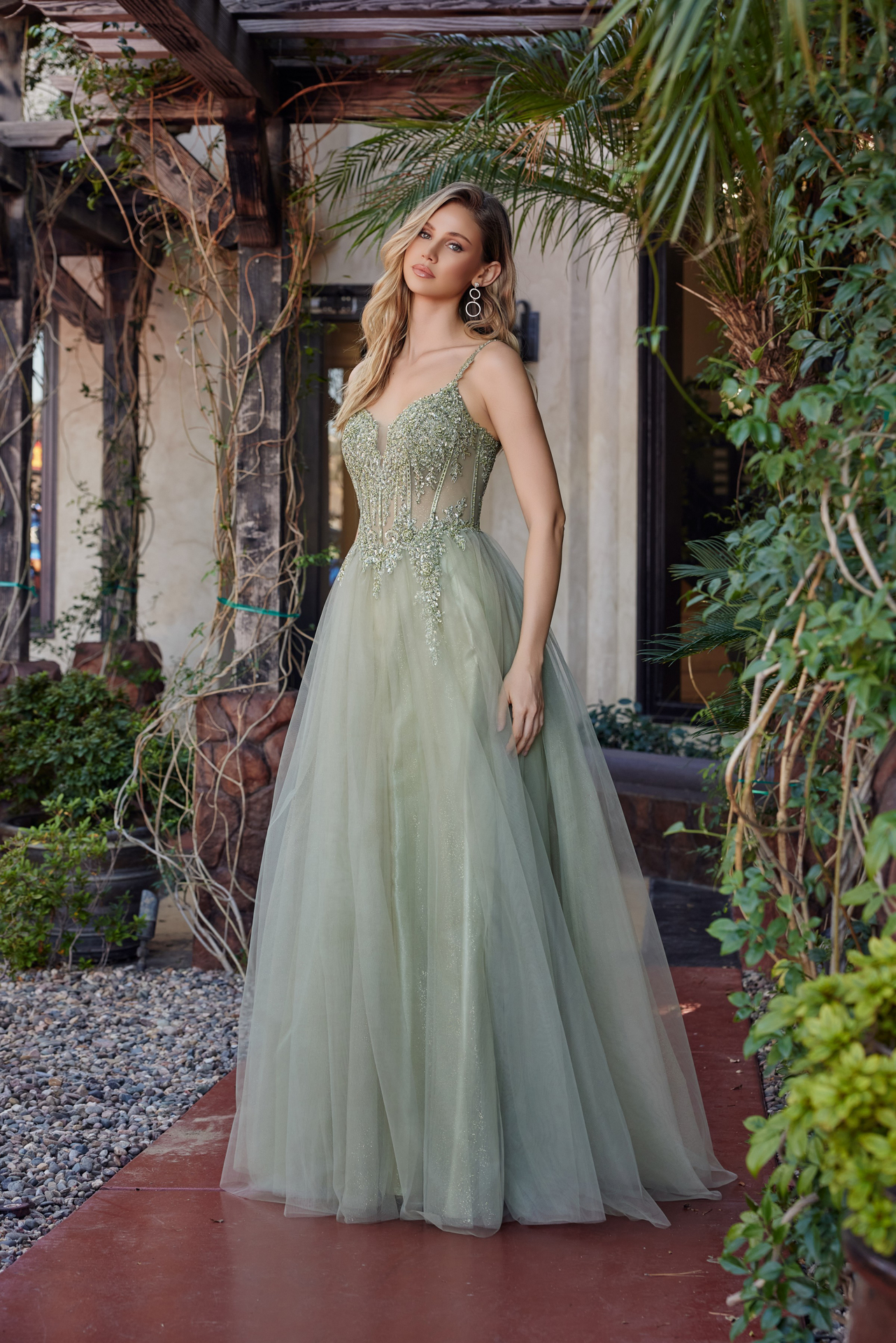 Fit And Flare Long Tulle Gown With Plunging V Neckline Prom Dress #F1726