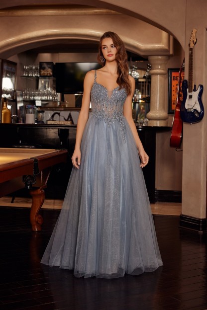 Fit And Flare Long Tulle Gown With Plunging V Neckline Prom Dress #F1726