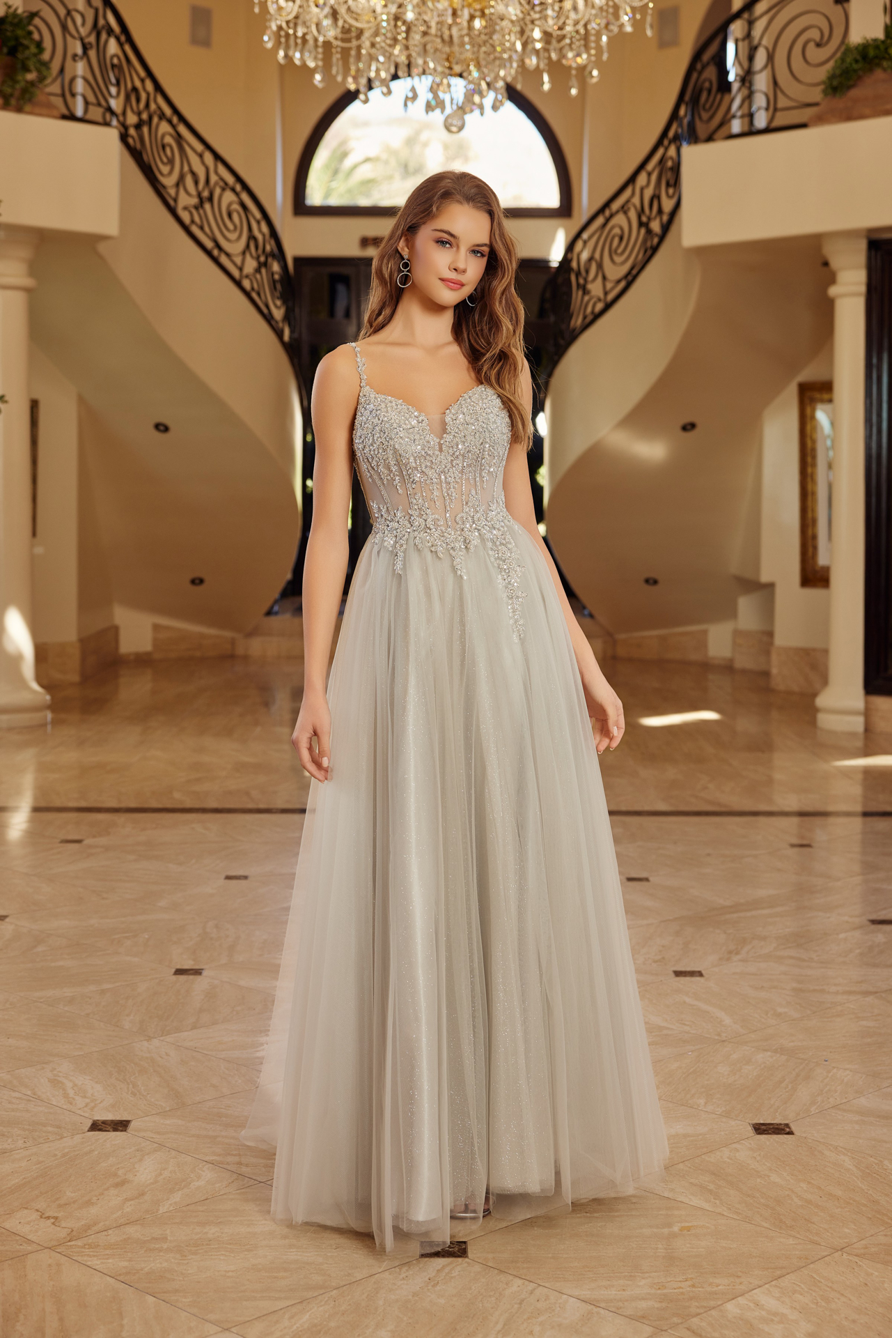 Fit And Flare Long Tulle Gown With Plunging V Neckline Prom Dress #F1726