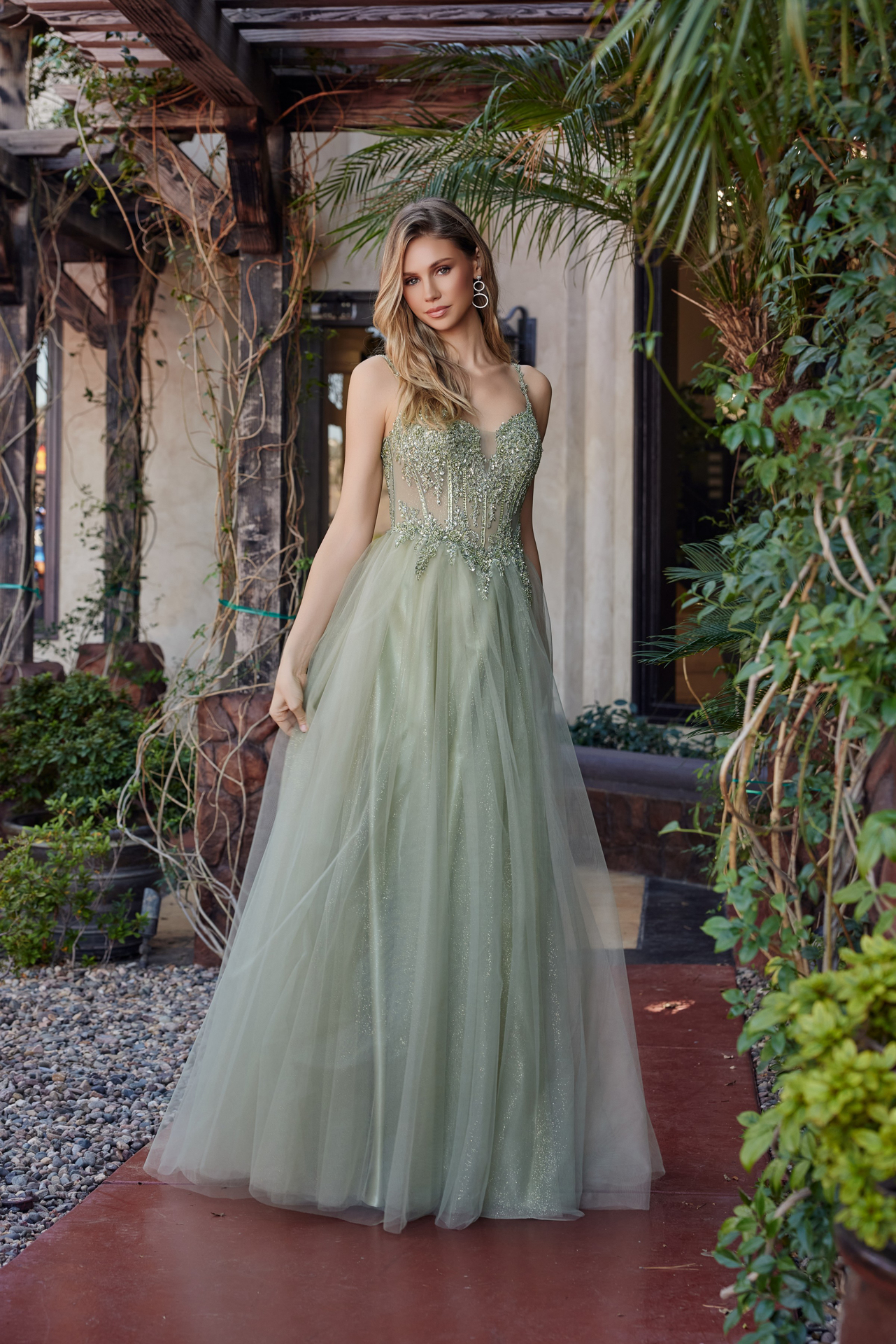Fit And Flare Long Tulle Gown With Plunging V Neckline Prom Dress #F1726