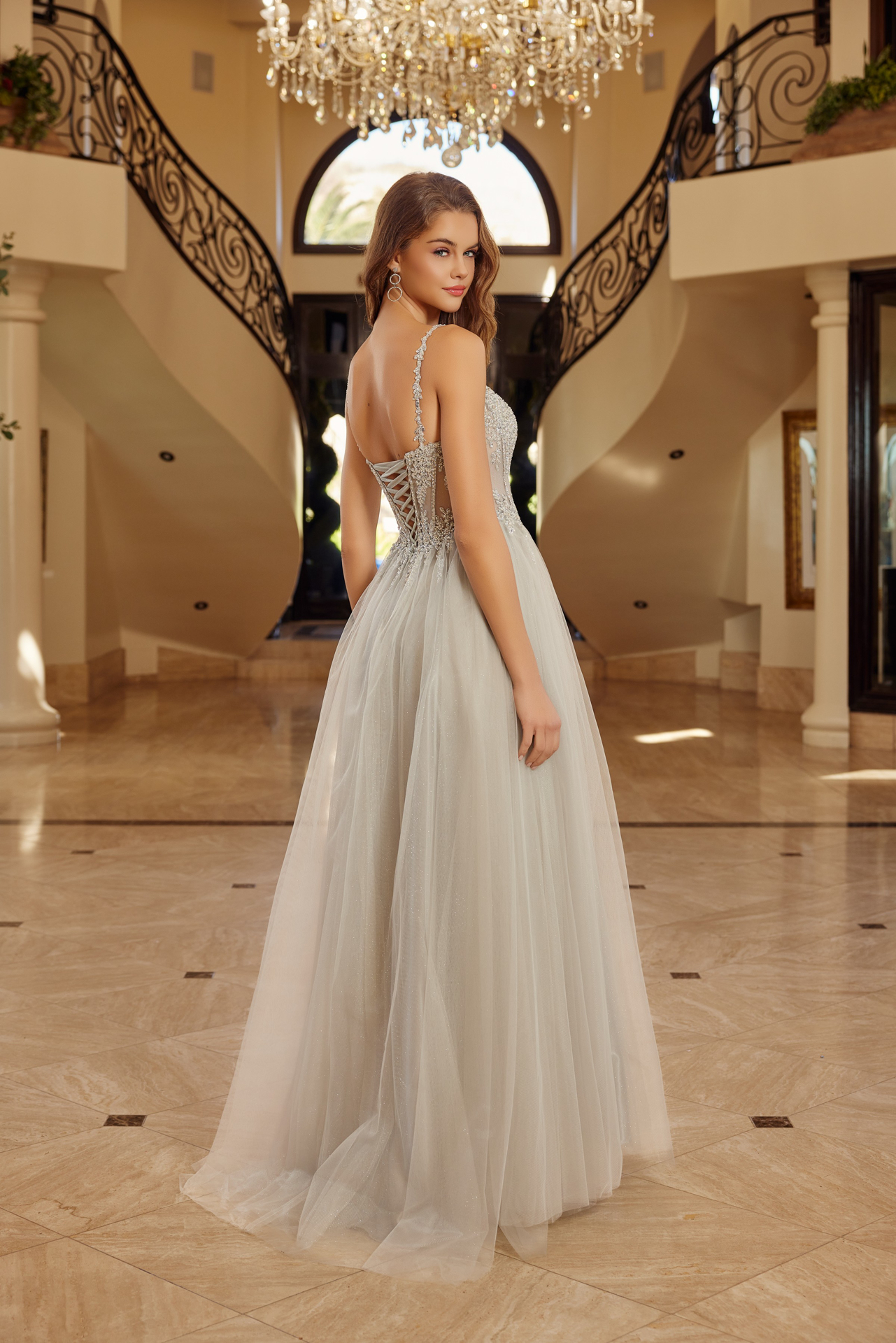 Fit And Flare Long Tulle Gown With Plunging V Neckline Prom Dress #F1726
